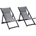 Set of 2 Folding Aluminium Frame Garden & Beach Deck Chairs with Adjustable Backrest - Grey
