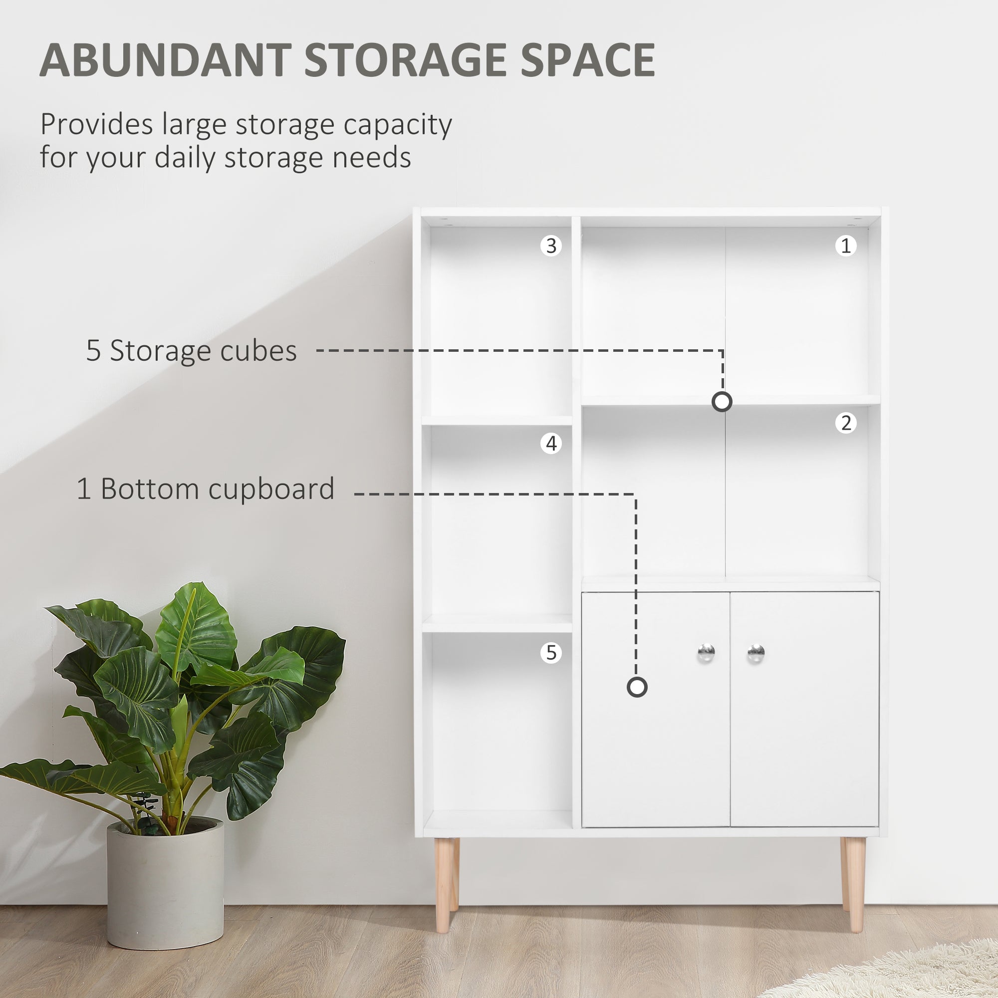 Open Bookcase Storage Cabinet Shelves Unit Free Standing w/ Two Doors Wooden Display White