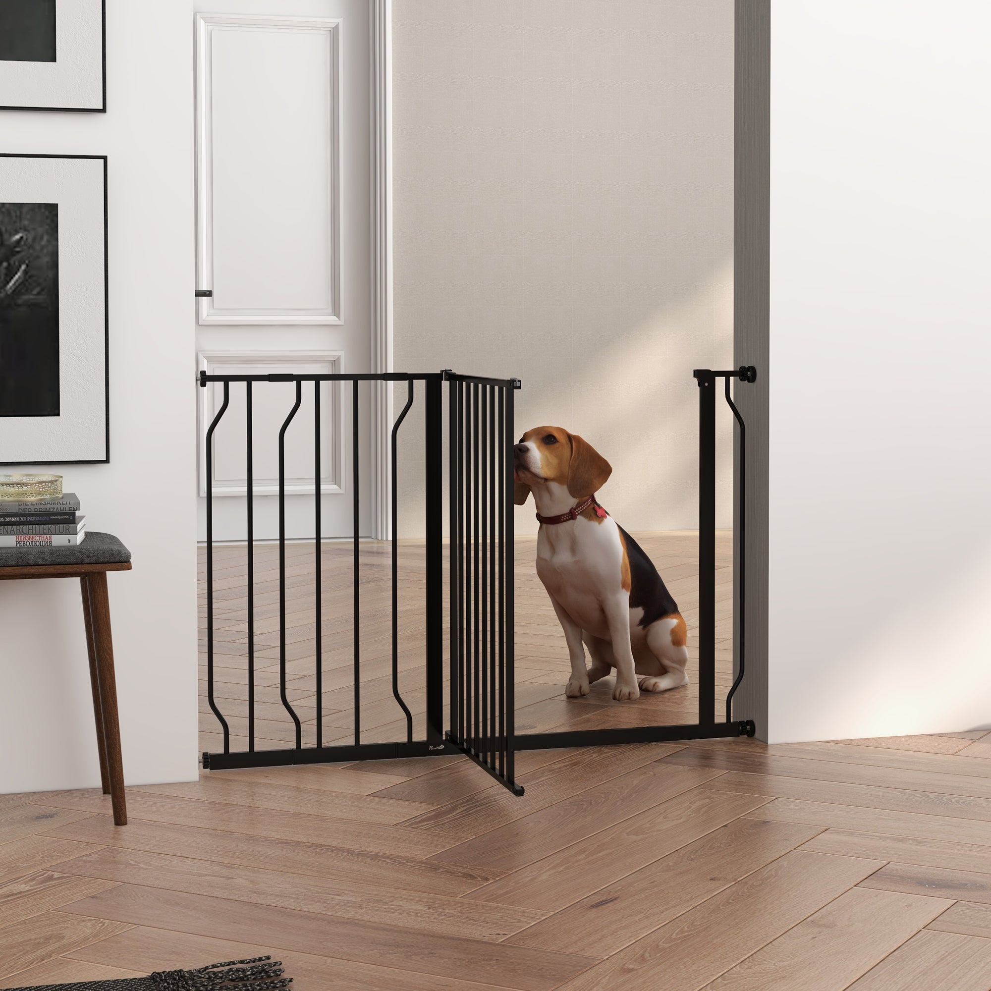 Expandable Dog Gate with Door pressure,75-115cm Doorway Pet Barrier Fence for Hallways, Staircases, Black