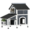 Wooden 2-Tier Outdoor Cat House with Window, Multiple Entrances & Flower Pot - Grey