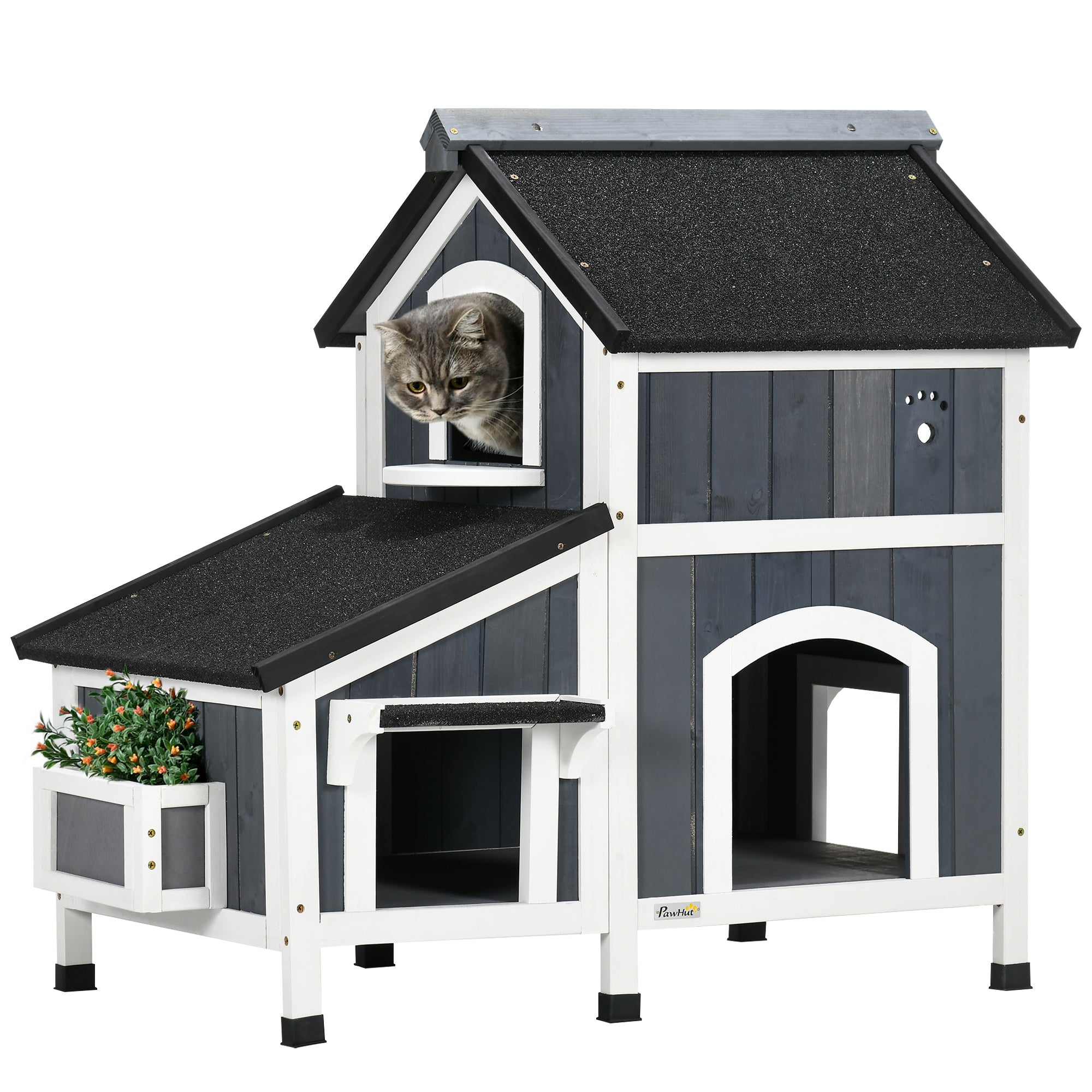 Wooden Cat House Outdoor with Flower Pot, 2 Tiers Cat Shelter with Window, Multiple Entrances, Water-resistant Roof, Grey