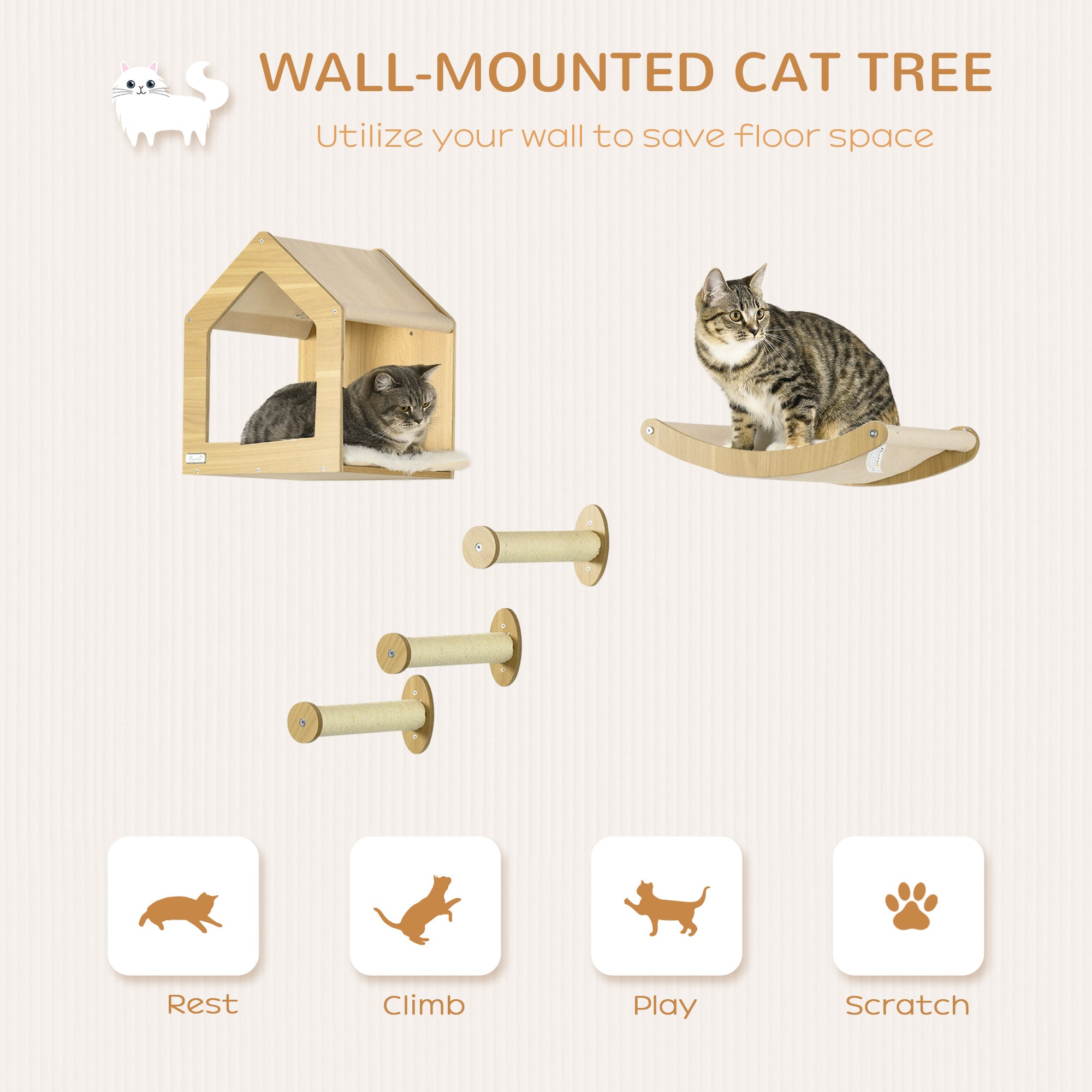 5PCs Wall Mounted Cats Shelves, Cat Climbing Shelf Set, Kitten Activity Center with Condo Hammock Scratching Post, Oak