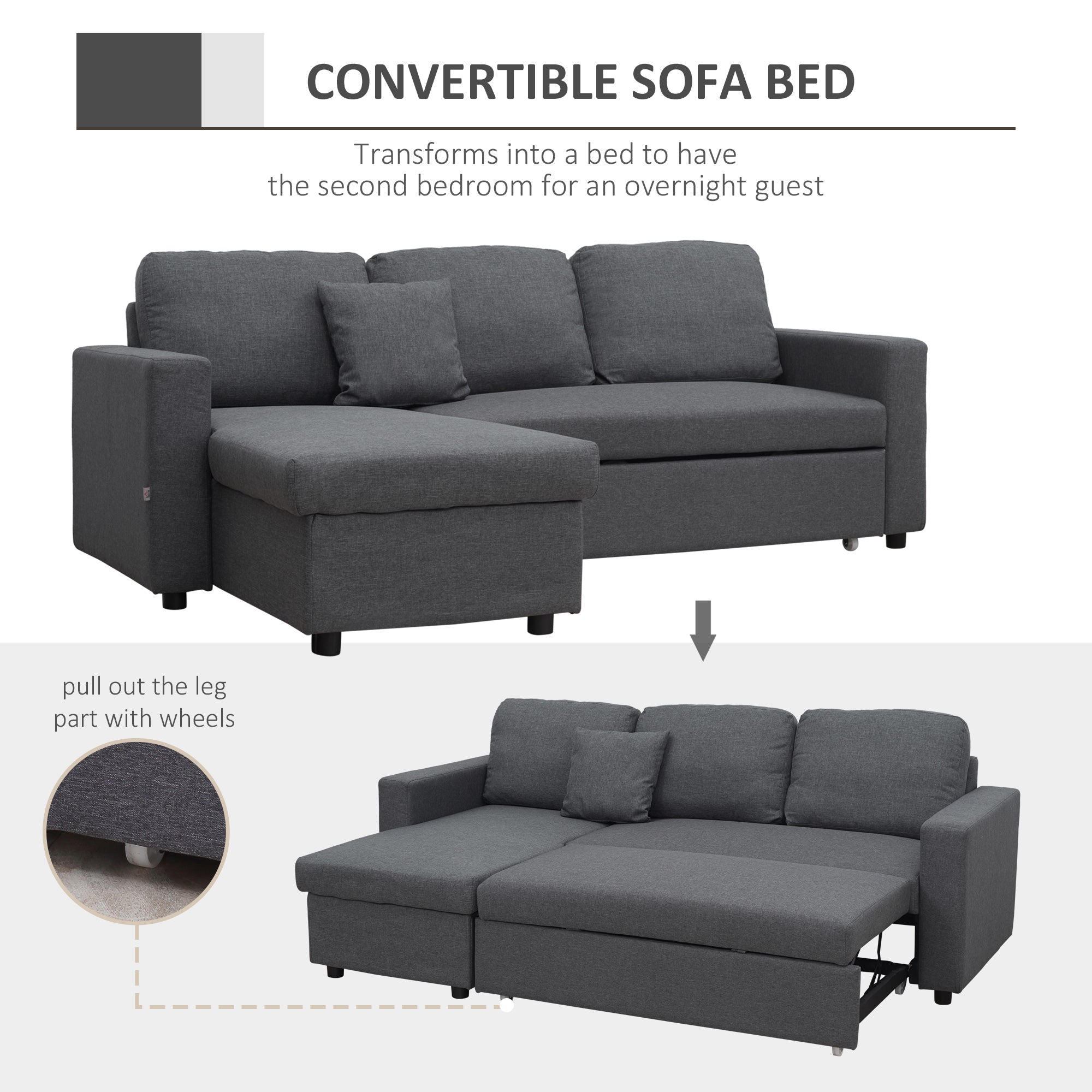 3 Seater Corner Sofa Bed with Storage, L Couches for Living Room with Chaise Lounge, Double Sofa, Grey