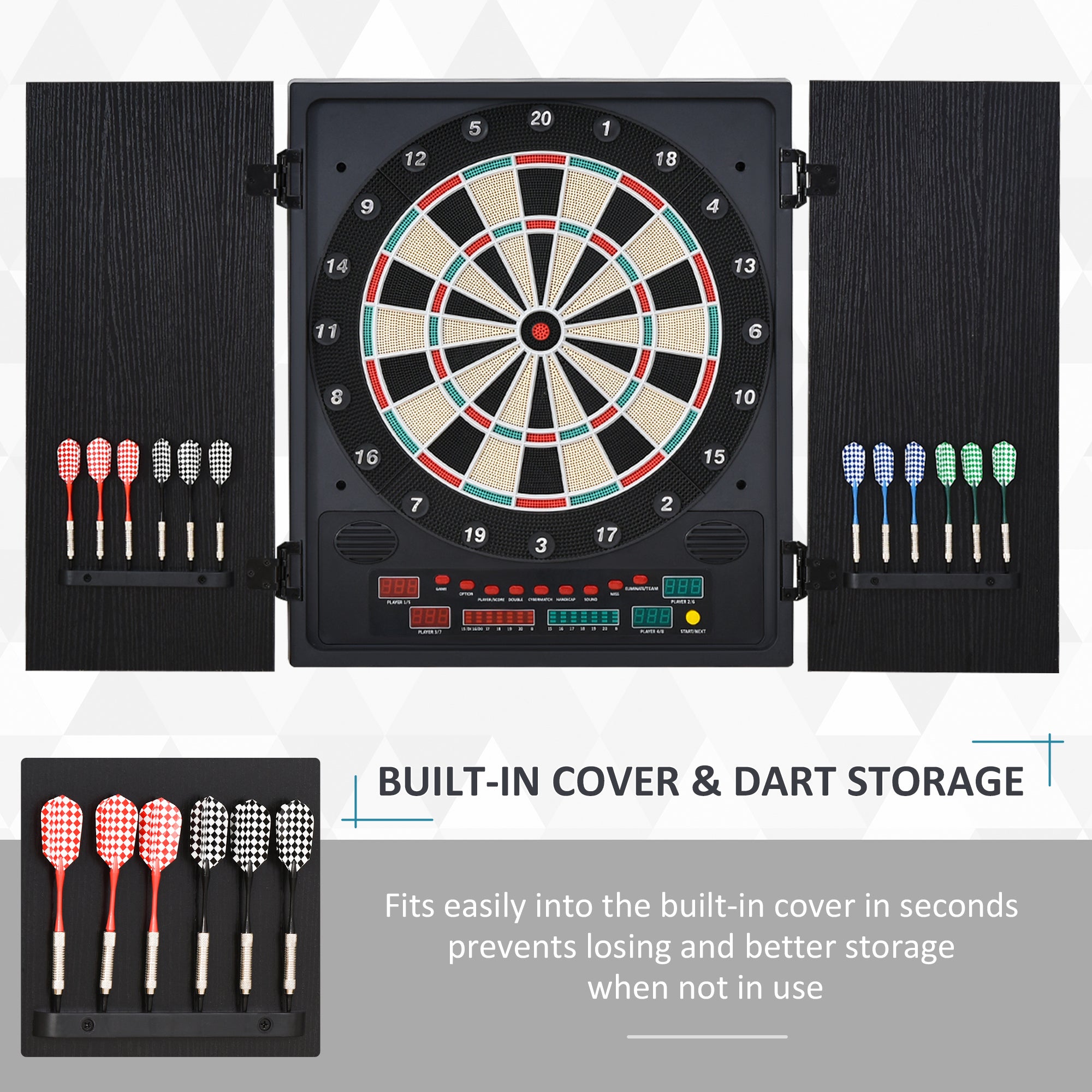 Electronic Dartboard In Case LED Scoreboard w/ 12 Darts 30 Heads Side Storage Cabinet Classic Game Family Fun Game Black White