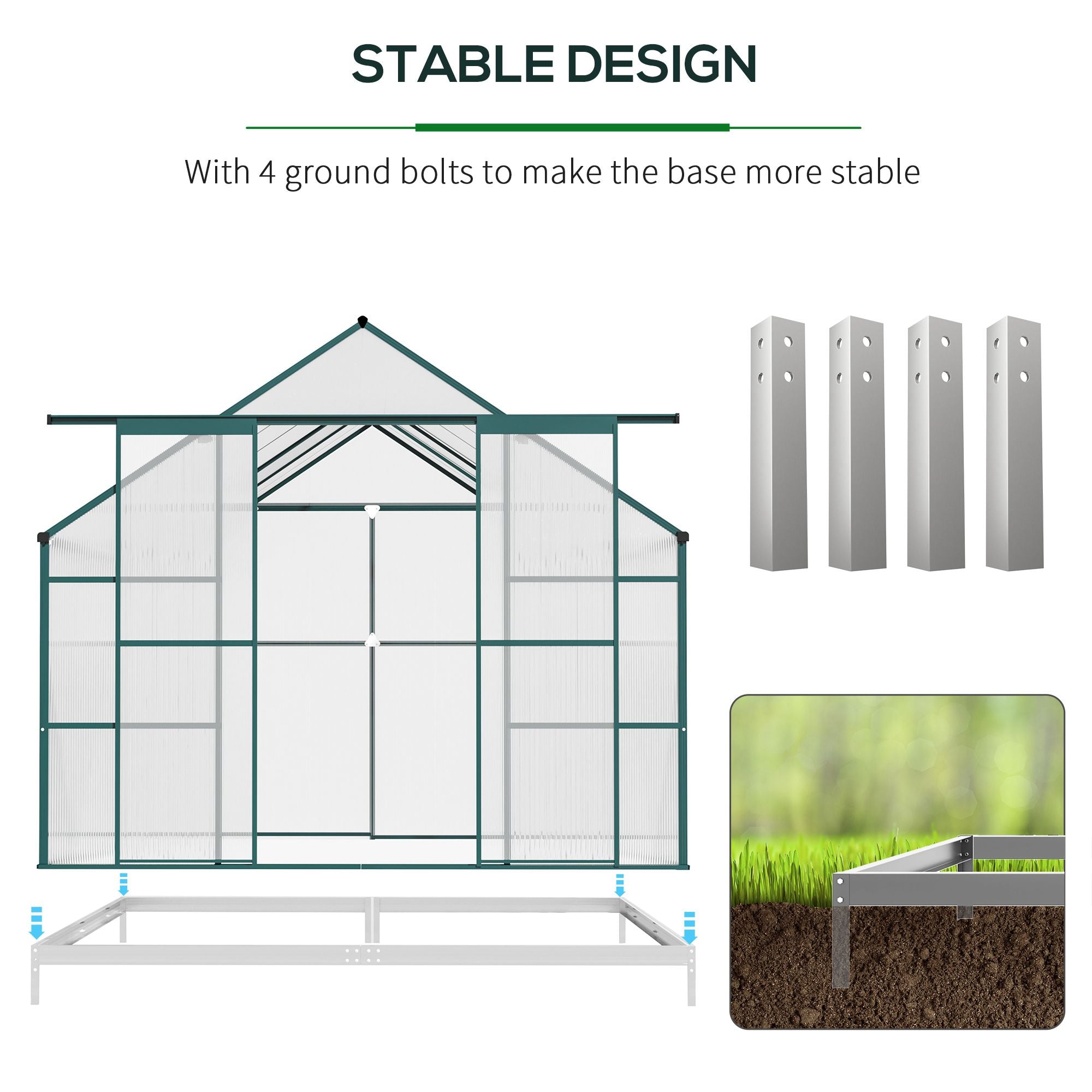 Aluminium Greenhouse Polycarbonate Walk-in Garden Greenhouse Kit with Adjustable Roof Vent, Rain Gutter and Foundation, 8 x 12ft, Clear