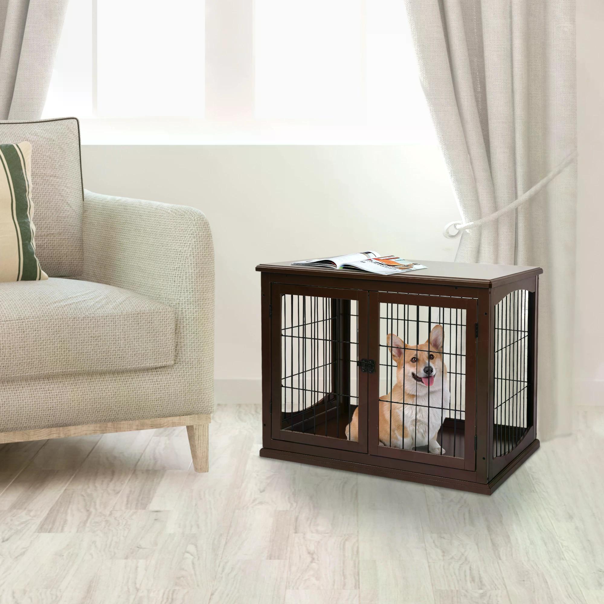 66cm Modern Indoor Pet Cage w/ Metal Wire 3 Doors Latches Base Small Animal House Tabletop Crate Decorative Stylish Brown