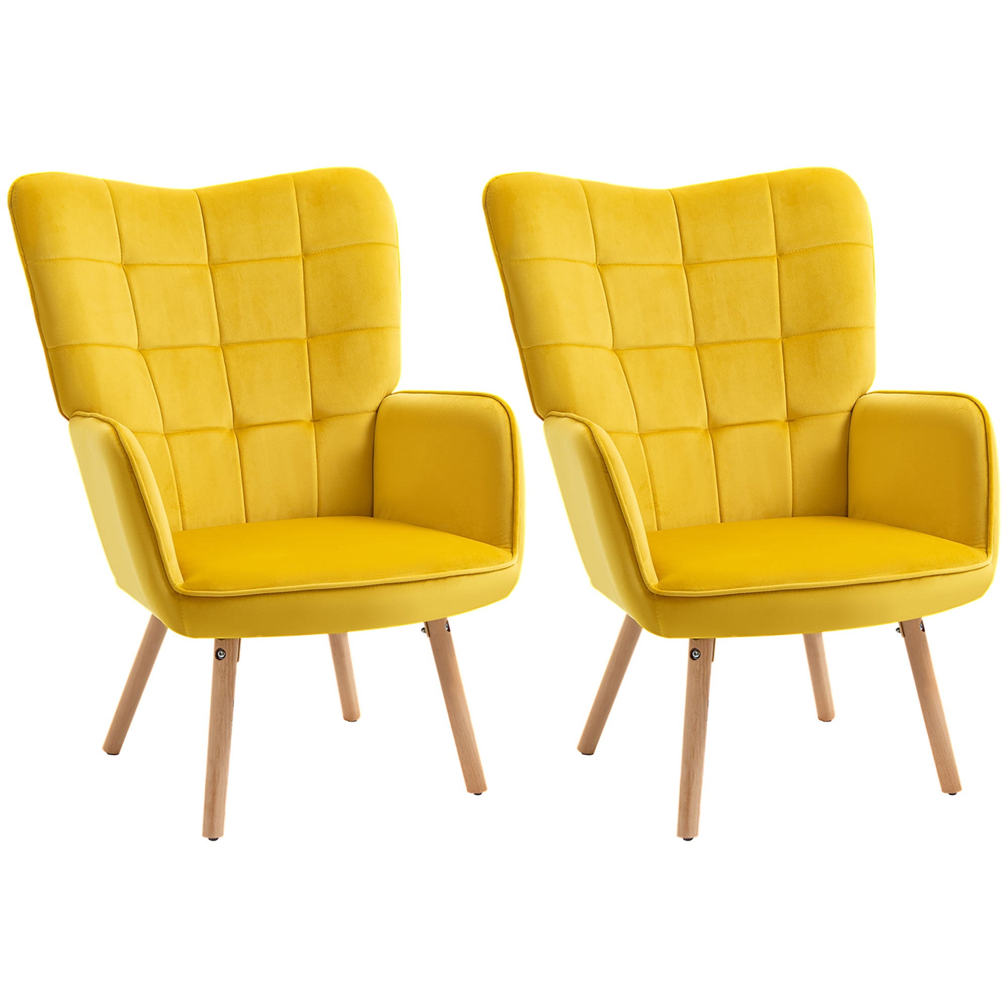 Modern Accent Chair Velvet-Touch Tufted Wingback Armchair Upholstered Leisure Lounge Sofa Club Chair with Wood Legs, Set of 2, Yellow