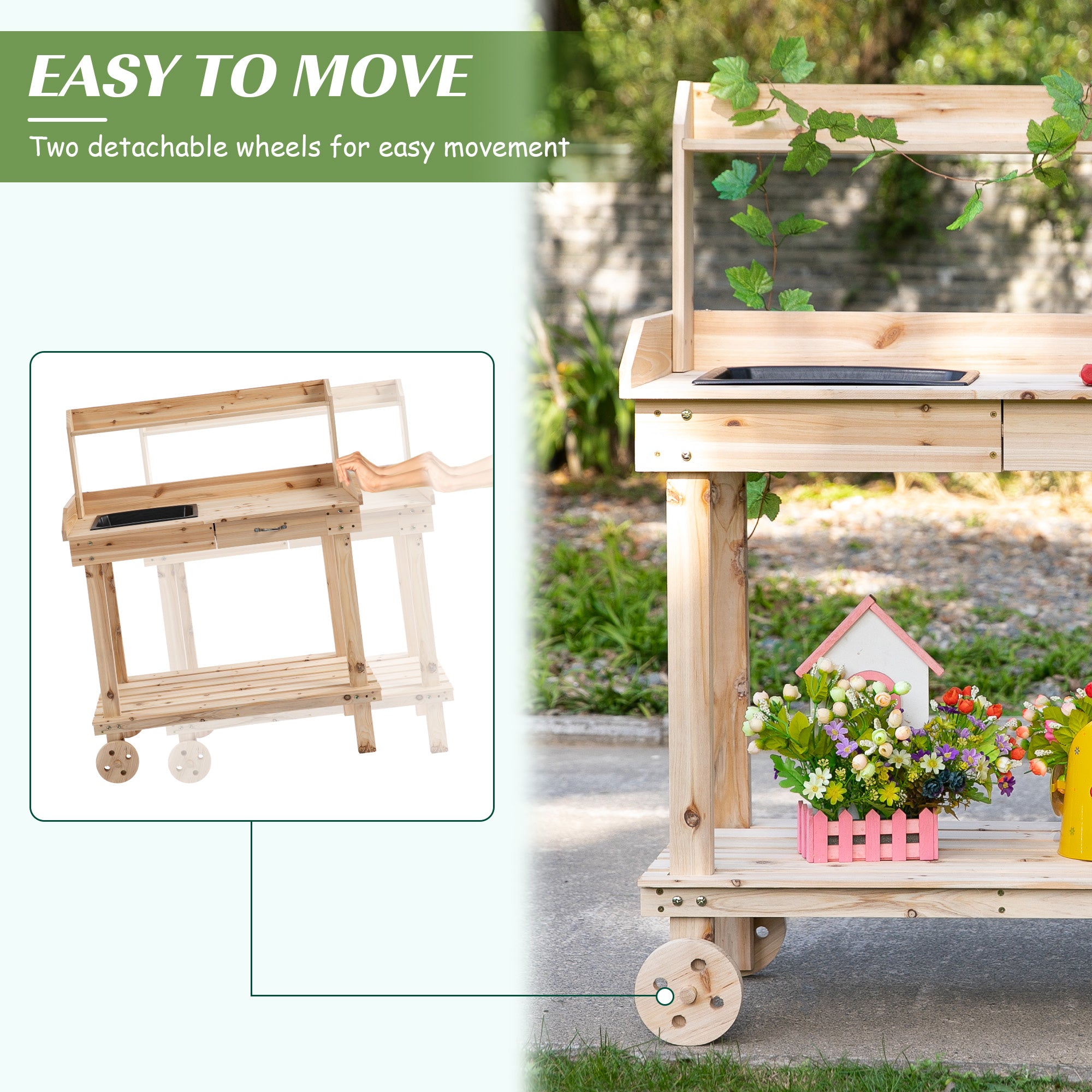 Garden Potting Bench Table, Wooden Work Station, Outdoor Planting Workbench with 2 Wheels, Sink, Drawer & Large Storage Spaces, 92x45x119cm