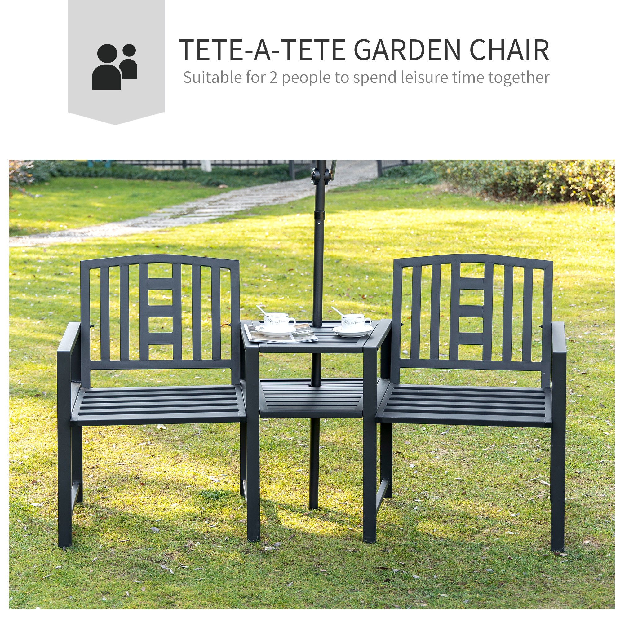 Patio Tete-a-tete Chair 2 Seat Bench Middle Coffee Table w/ Umbrella Hole for Outdoors Decorative Slatted Design Steel Frame Black