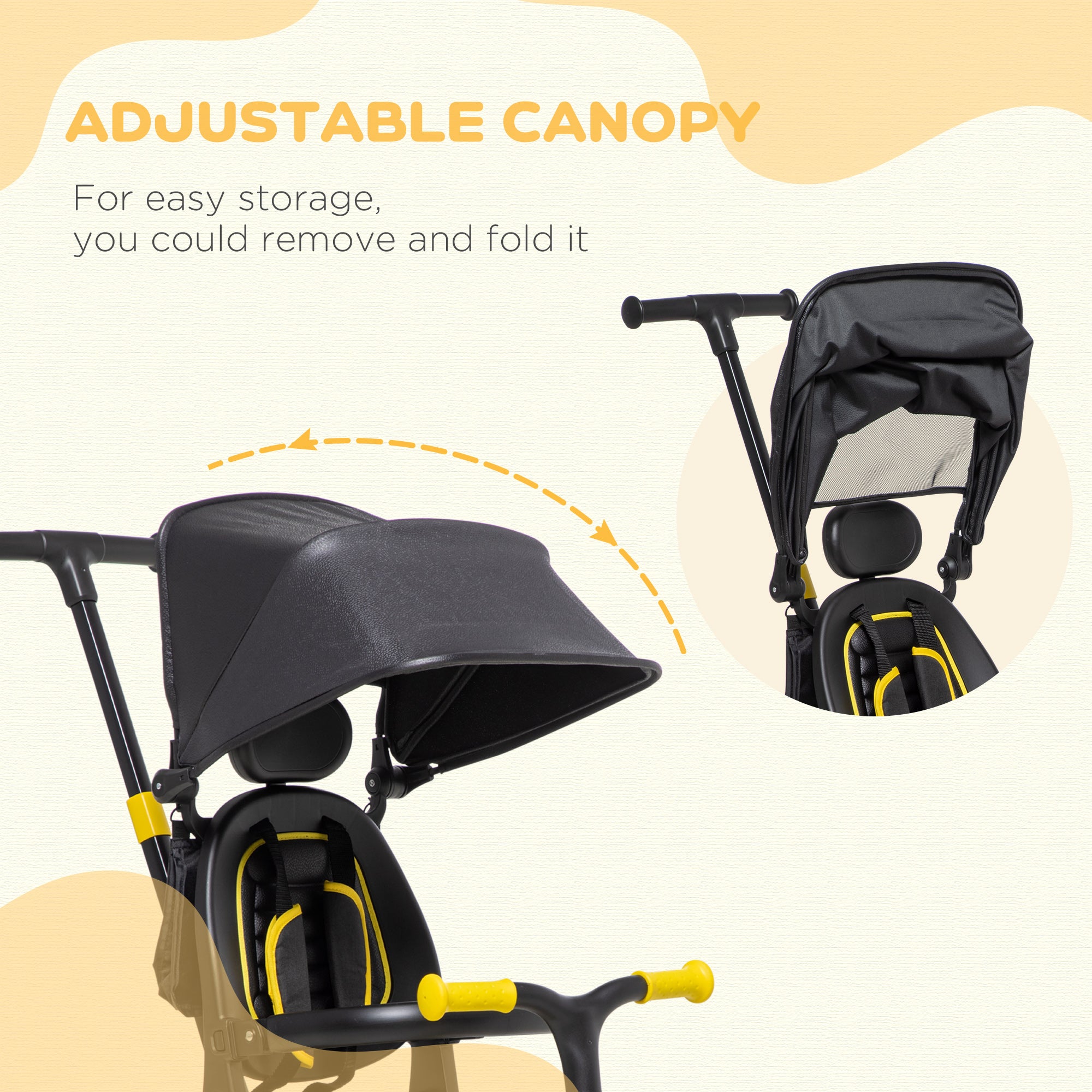 3-in-1 Tricycle for Kids with Aluminium Frame, Baby Trike with Adjustable Push Handle, Canopy and Seat Angle for 18-48 Months, Yellow