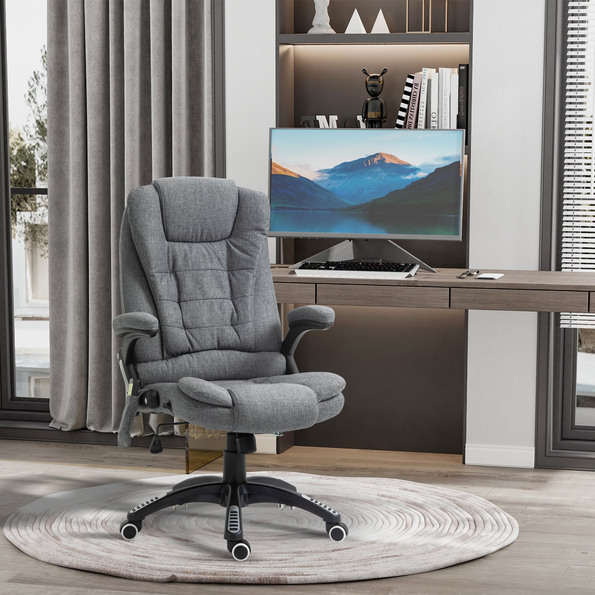 Massage Recliner Chair Heated Office Chair with Six Massage Points Linen-Feel Fabric 360° Swivel Wheels Grey