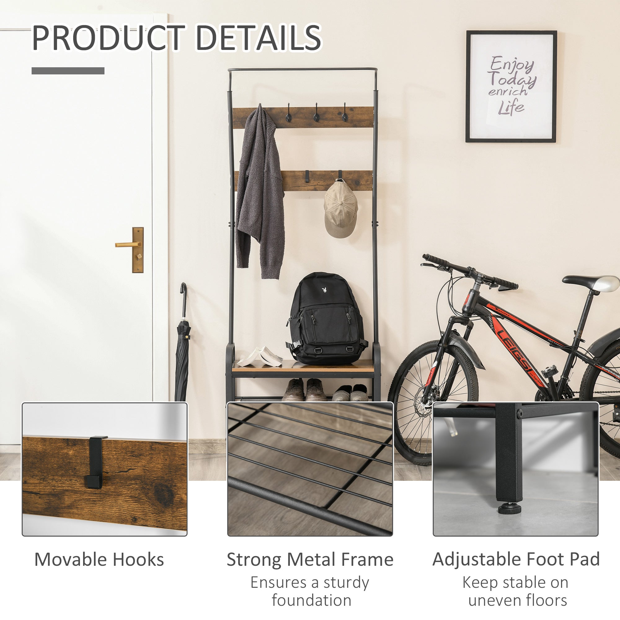 Coat Rack Stand Industrial hallway Shoe Rack Removable Hooks Metal Wood Hangers Storage Cabinet Rustic Brown 72L x 34W x 185H(cm)