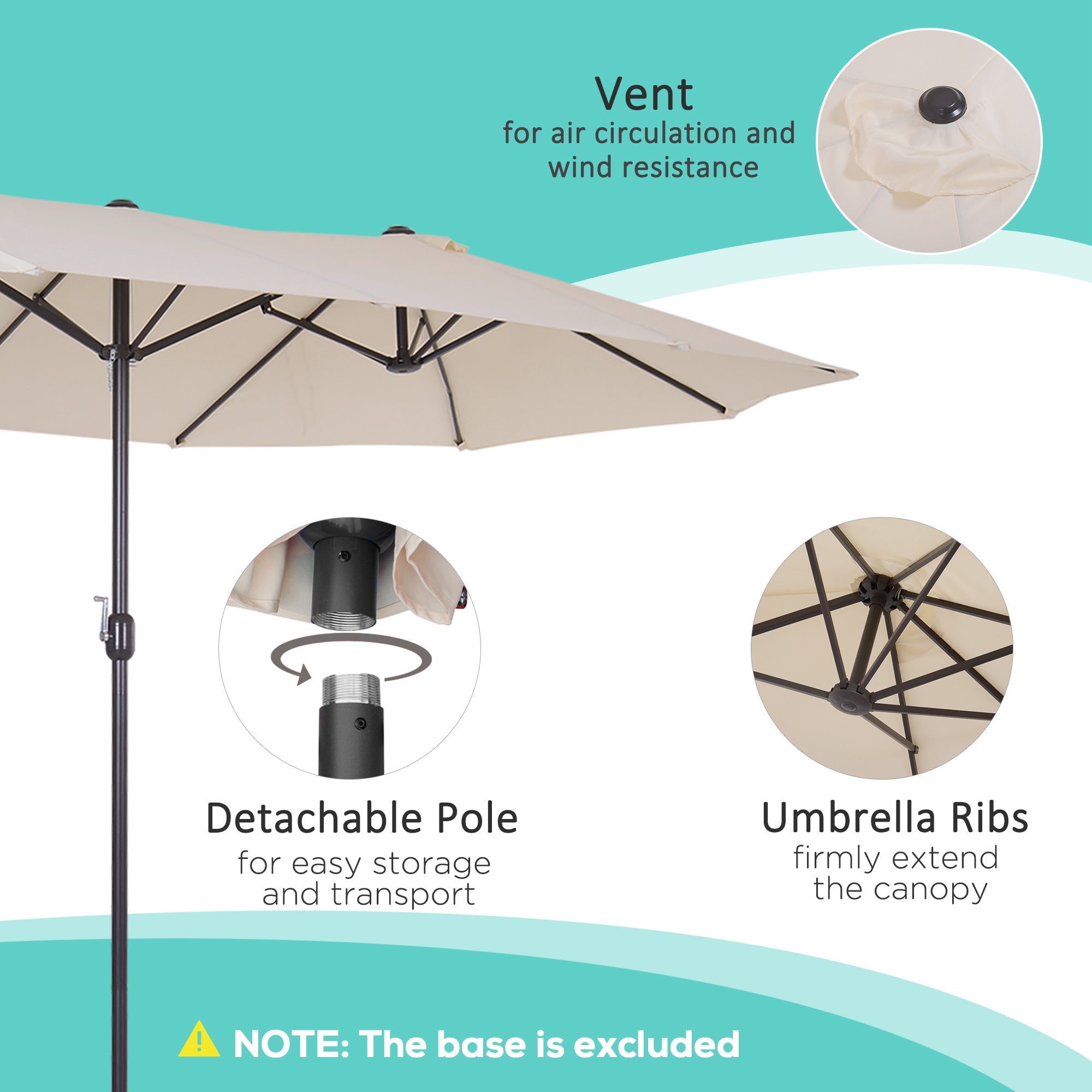 4.6m Garden Parasol Double-Sided Sun Umbrella Patio Market Shelter Canopy Shade Outdoor Beige - NO BASE