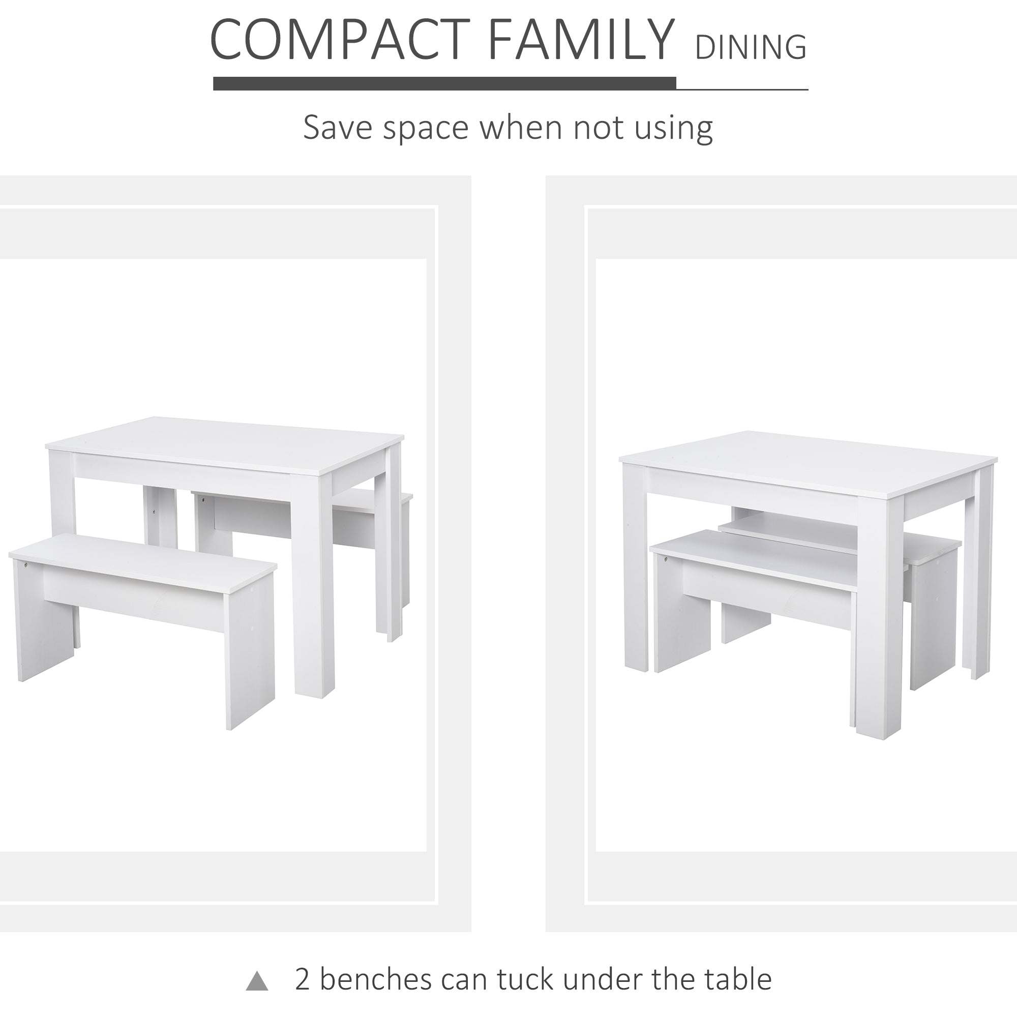 Kitchen Dining Table and 2 Benches Set, Table and Chairs Set for Limited Space, White