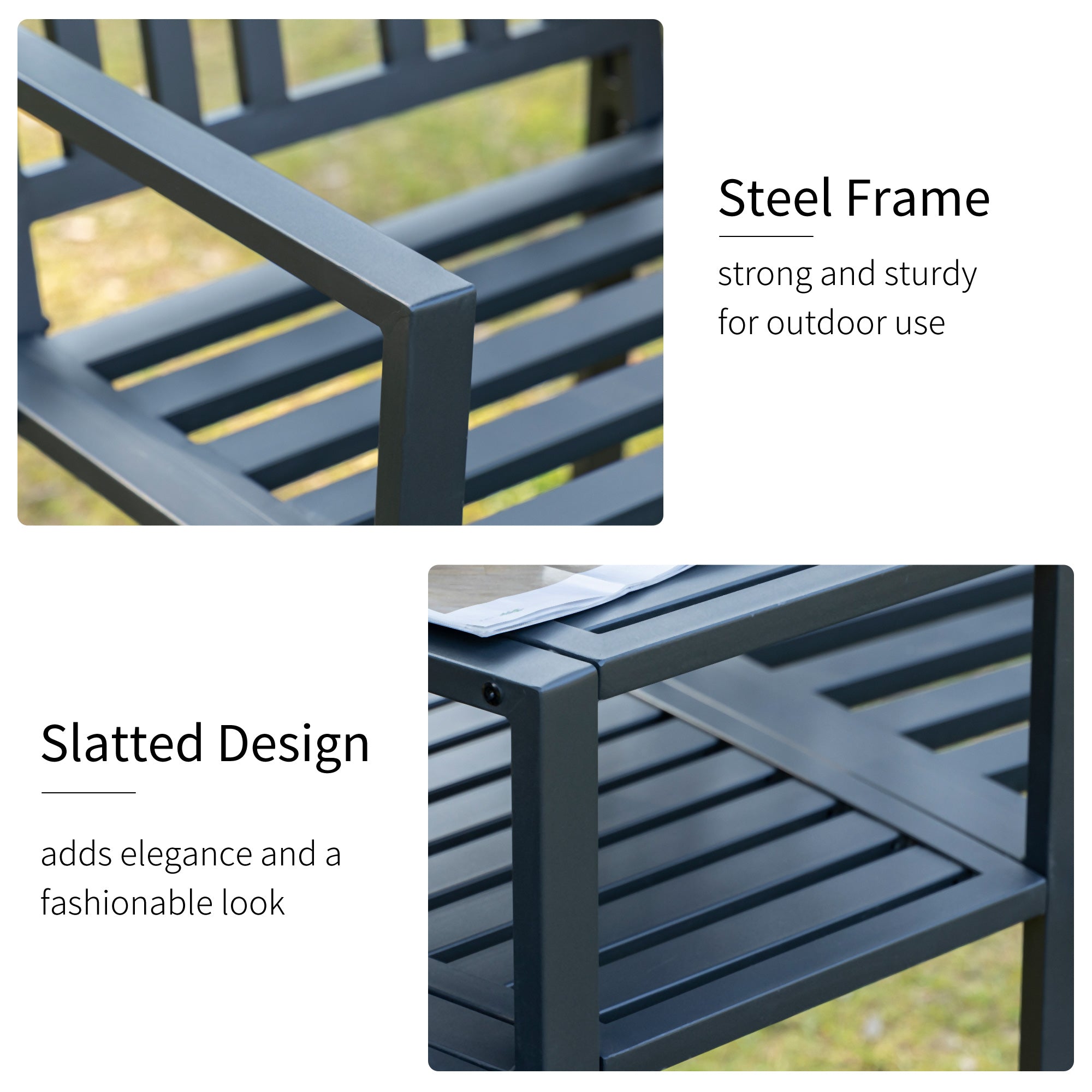 Patio Tete-a-tete Chair 2 Seat Bench Middle Coffee Table w/ Umbrella Hole for Outdoors Decorative Slatted Design Steel Frame Black