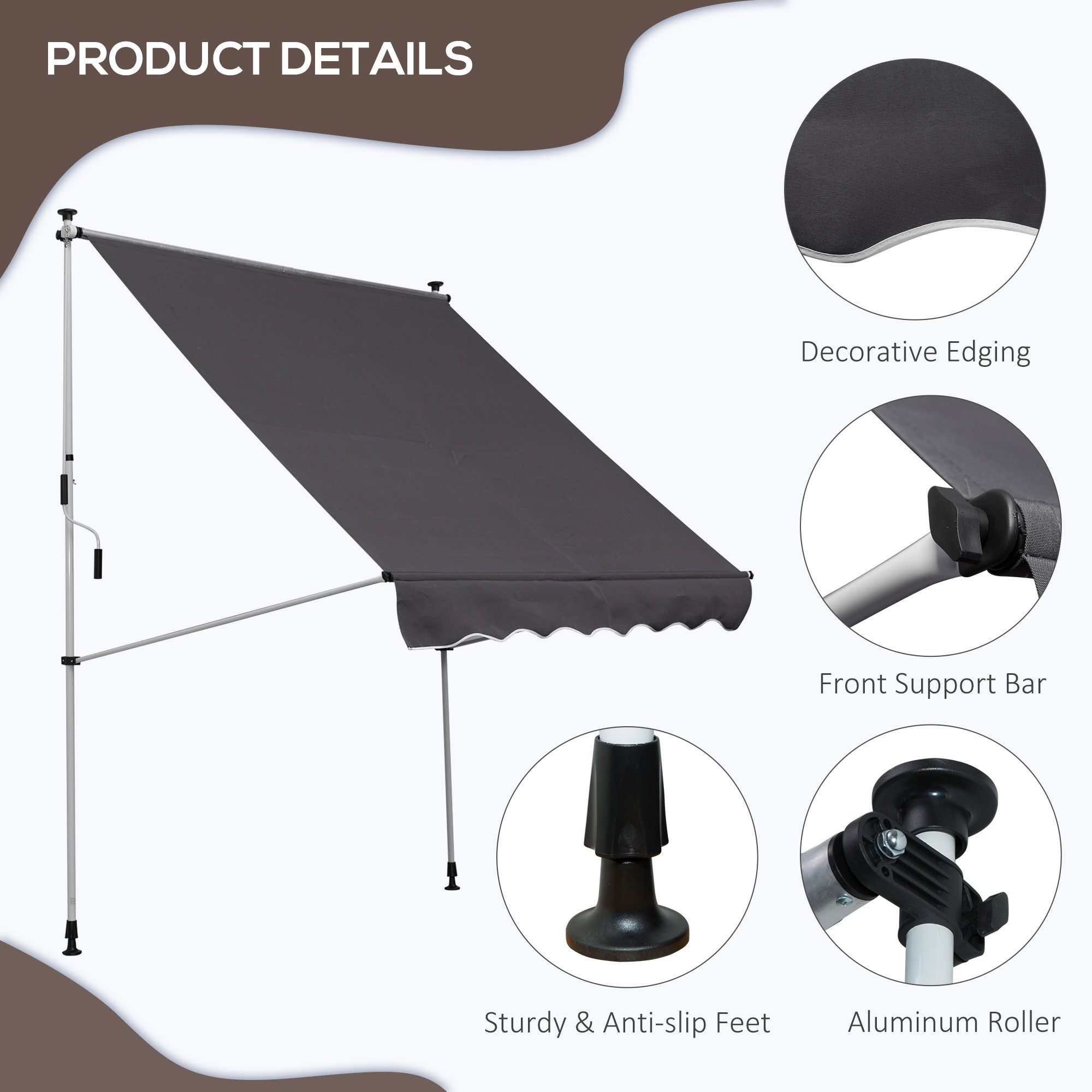 Balcony 2 x 1.5m Manual Adjustable Awning DIY Patio Clamp Awning Canopy Retractable Shade Shelter - Grey