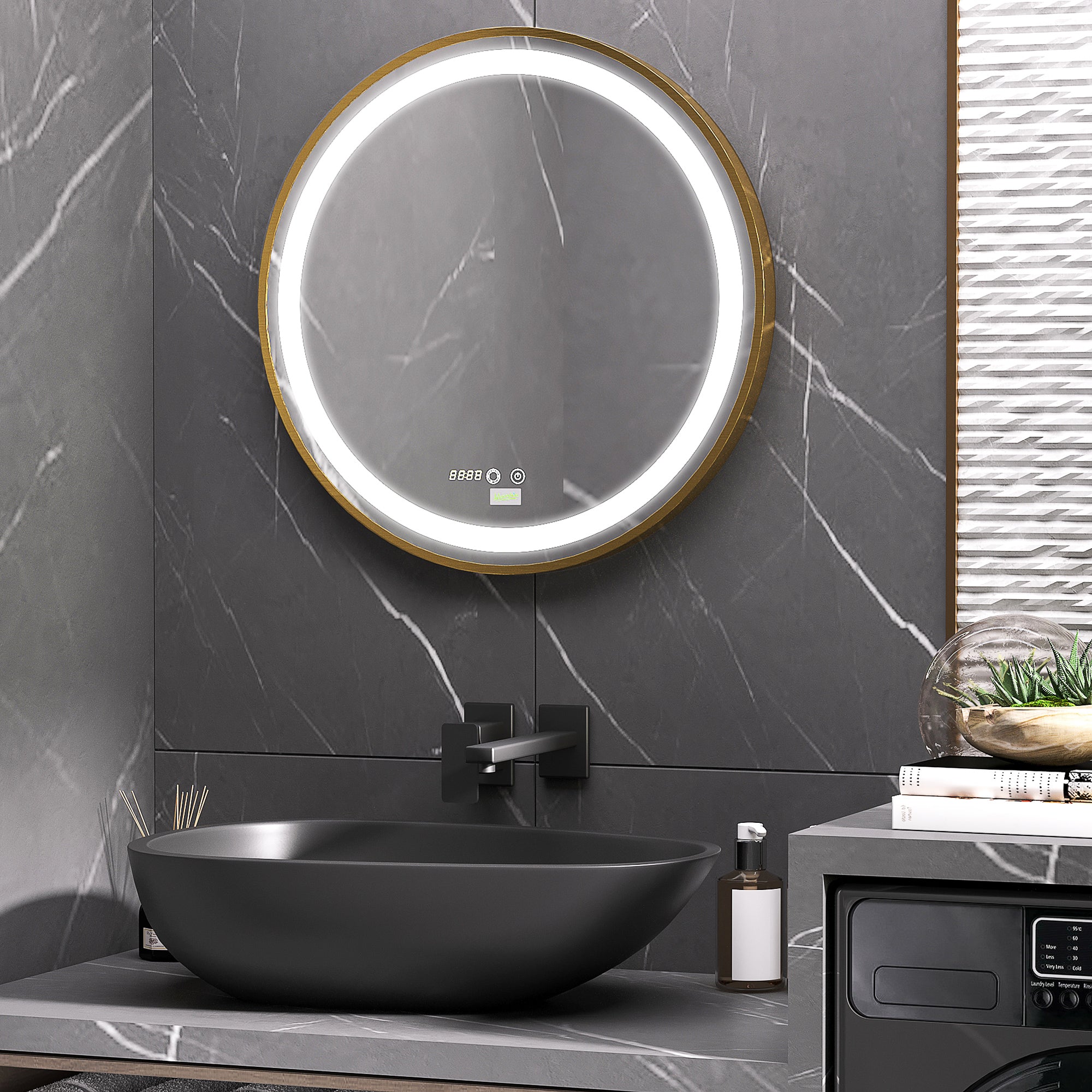 Round Illuminated Bathroom Mirrors Dimmable LED Lighted Wall Mount Mirror w/ 3 Colours, Time Display, Memory Function, 60cm