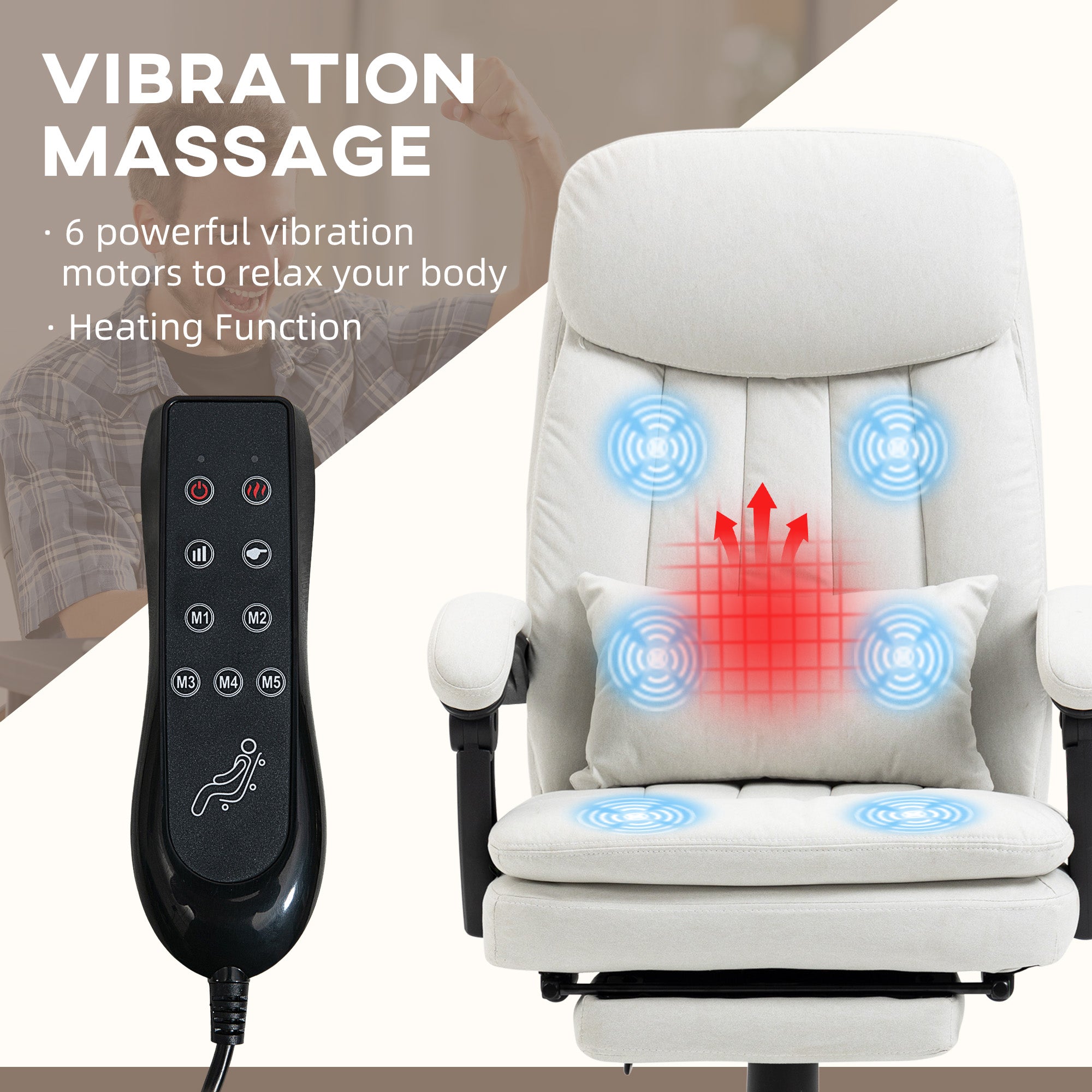 Vibration Massage Office Chair w/ Heat, Microfibre Computer Chair w/ Footrest, Lumbar Support Pillow, Armrest, Reclining Back, Cream White