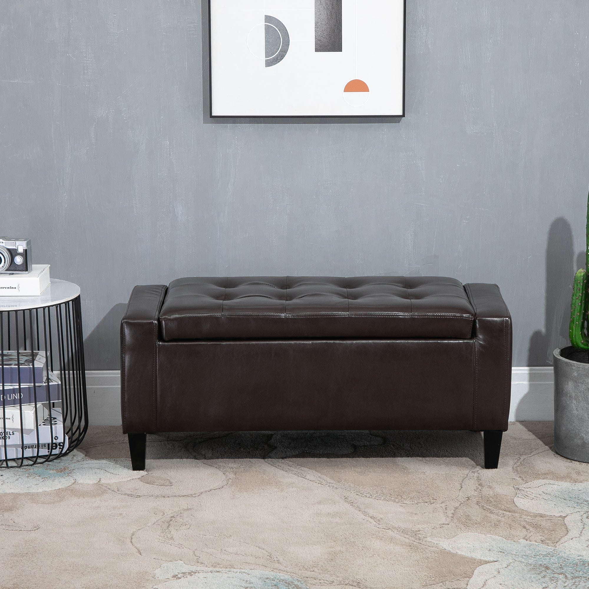 PU Leather Upholstered Lift-Top Tufted Ottoman Brown
