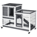 Wooden Indoor Elevated Guinea Pigs and Rabbits Hutch with Enclosed Run and Wheels - Grey and White