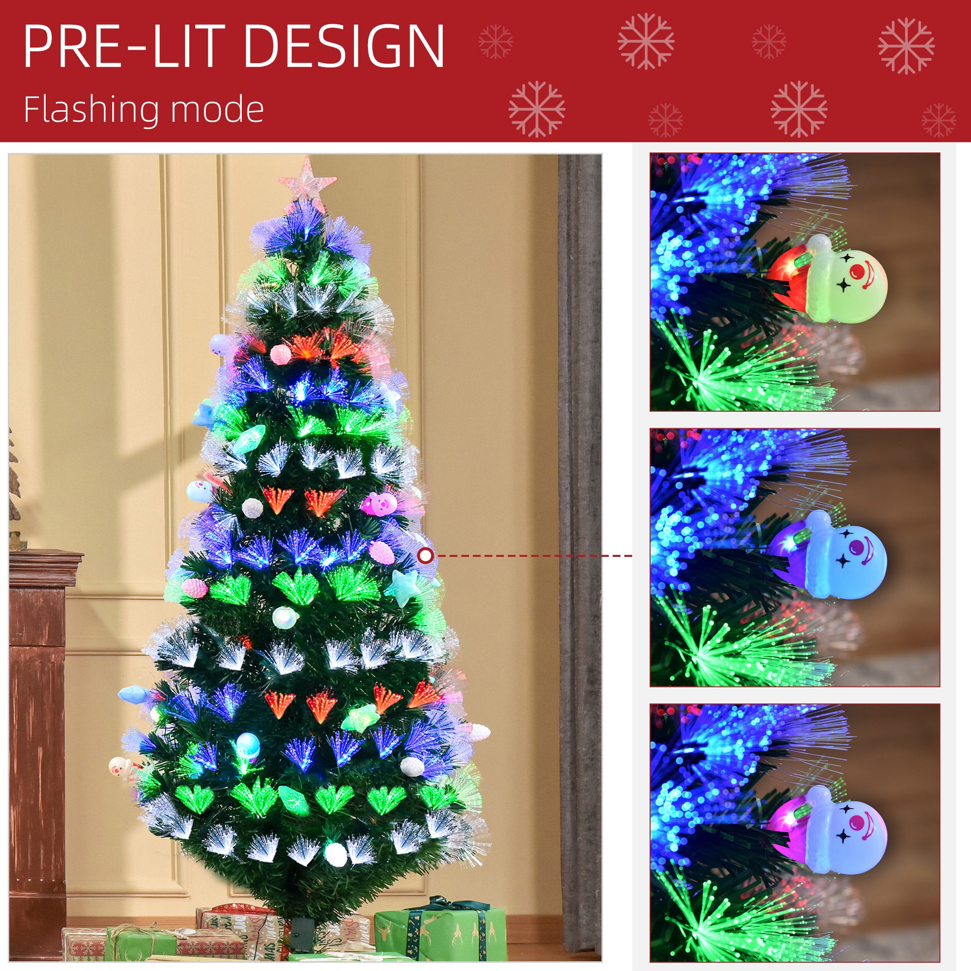 6FT Pre-Lit Artificial Christmas Tree w/ Fibre Optic Baubles Fitted Star LED Light Holiday Home Xmas Decoration-Green