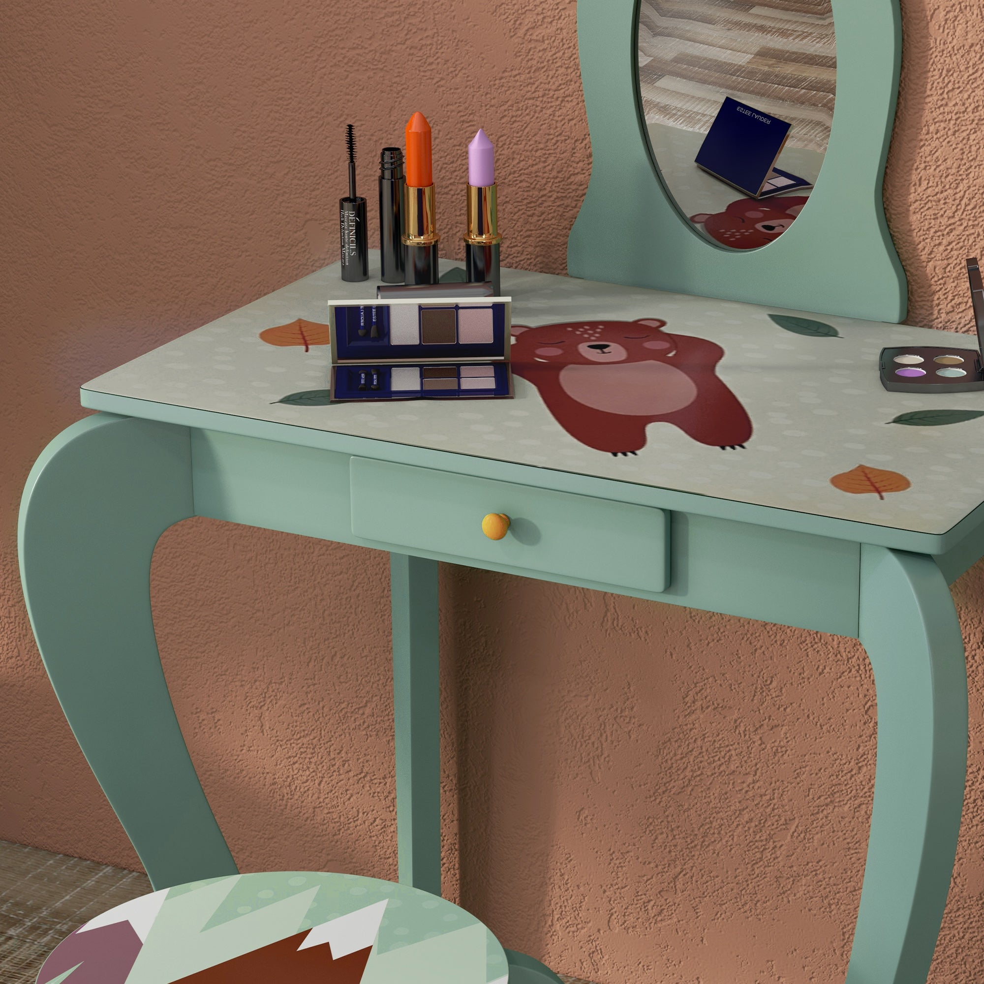 Kids Dressing Table with Mirror and Stool, Girls Vanity Table Makeup Desk with Drawer, Cute Animal Design, for 3-6 Years - Green