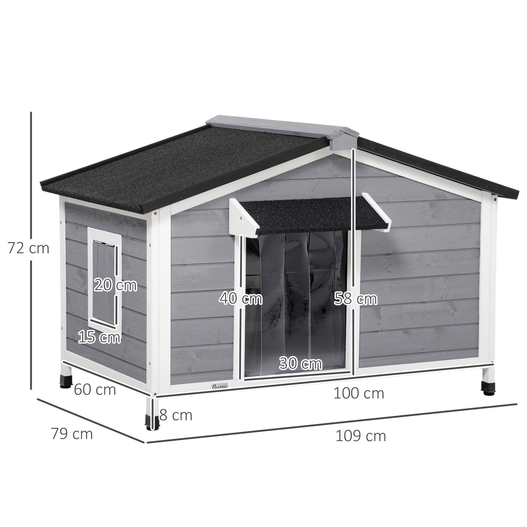 Large Wooden Dog Kennel Elevated Dog Kennels for Outside, w/ Openable Top, Asphalt Roof, Removable Tray, Adjustable Leg, Grey