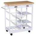 Rolling Kitchen Island Trolley Cart with Drawer, Shelves, Basket & 6-Bottle Wine Rack - White