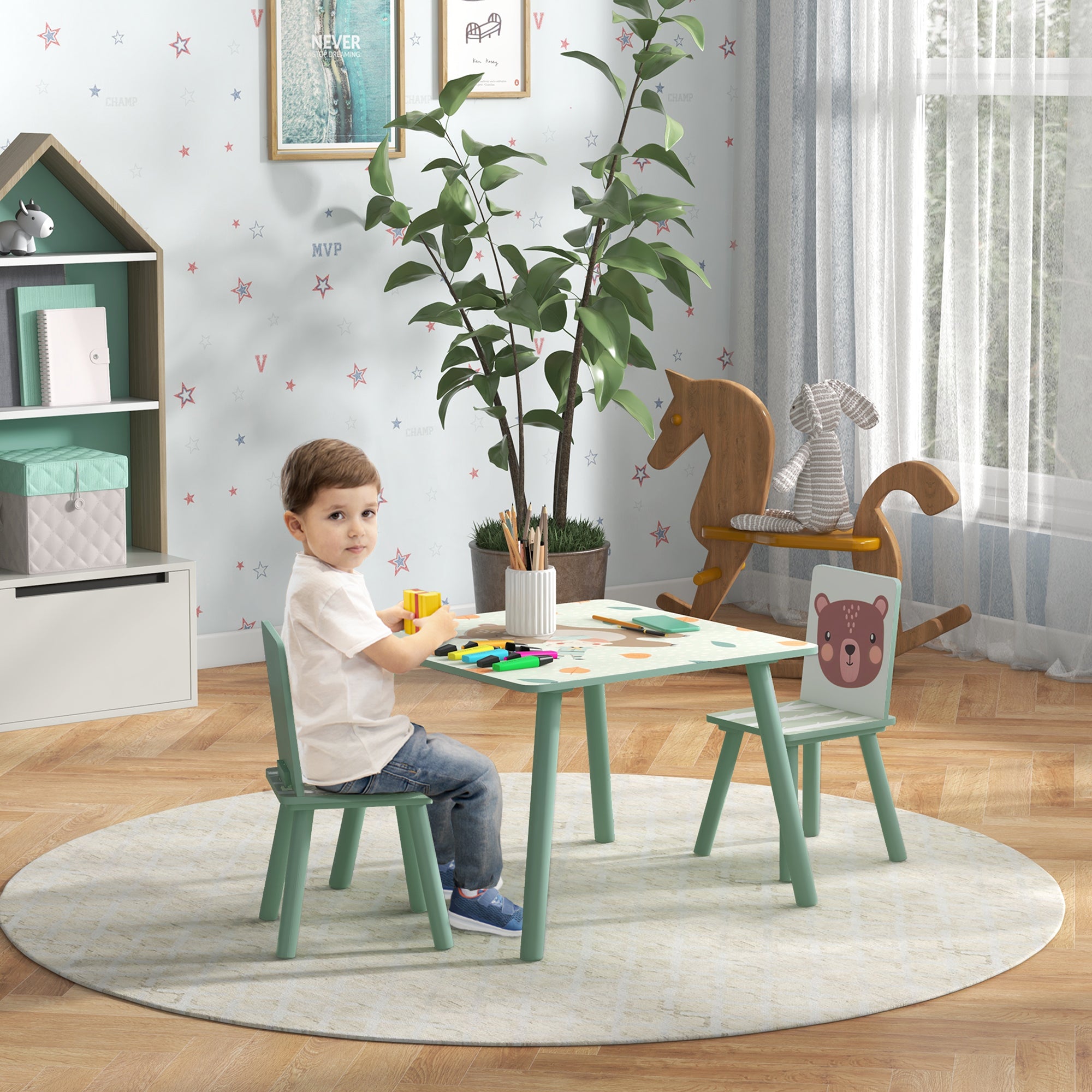 Kids Table and Chairs, Children Desk with 2 Chairs, 3 Pieces Toddler Activity Furniture Set for Bedroom, Nursery, Playroom, Green