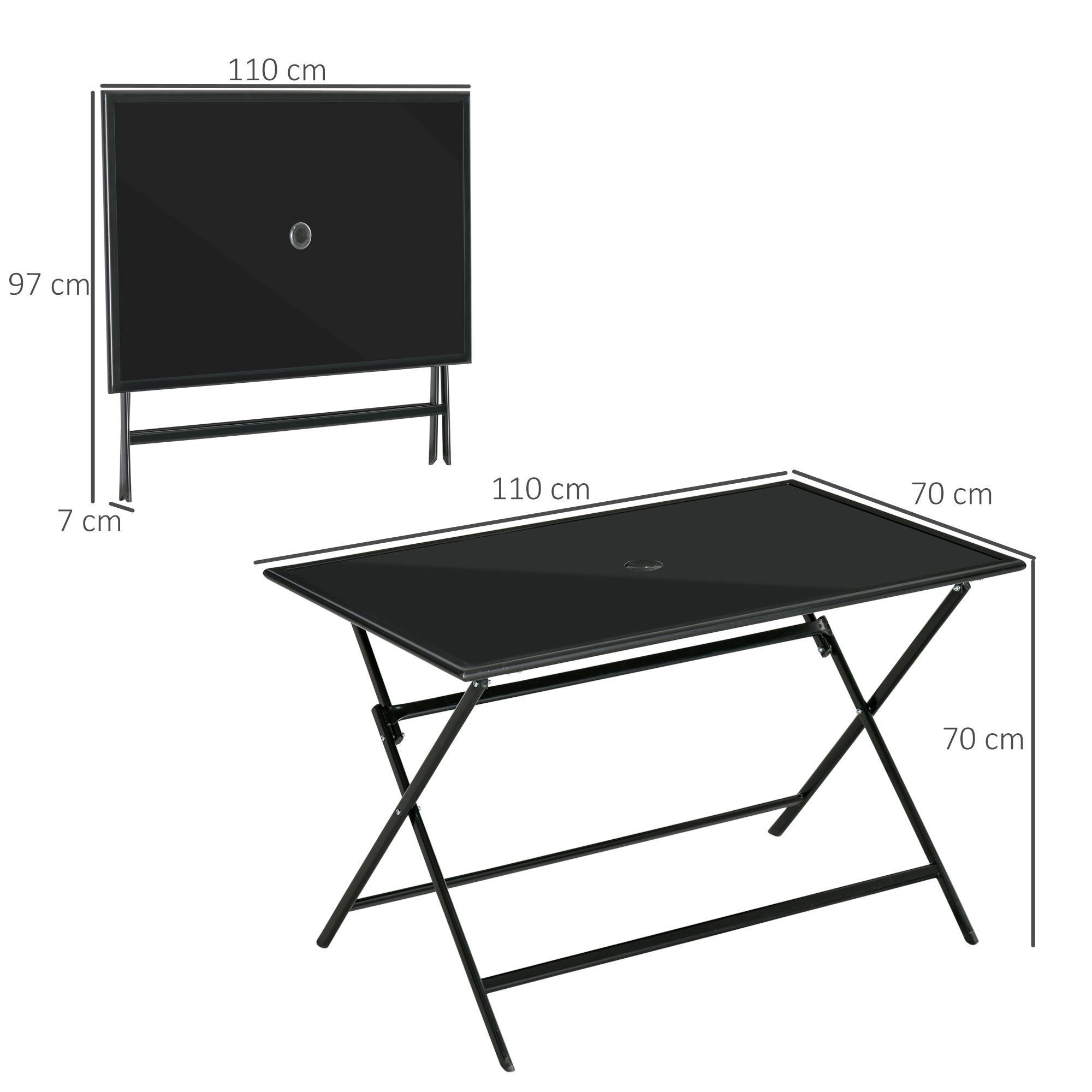 Folding Outdoor Dining Table for 6, Rectangle Garden Table Tempered Glass Top with Parasol Hole Garden Lawn Backyard, 110 x 70 x 70 cm