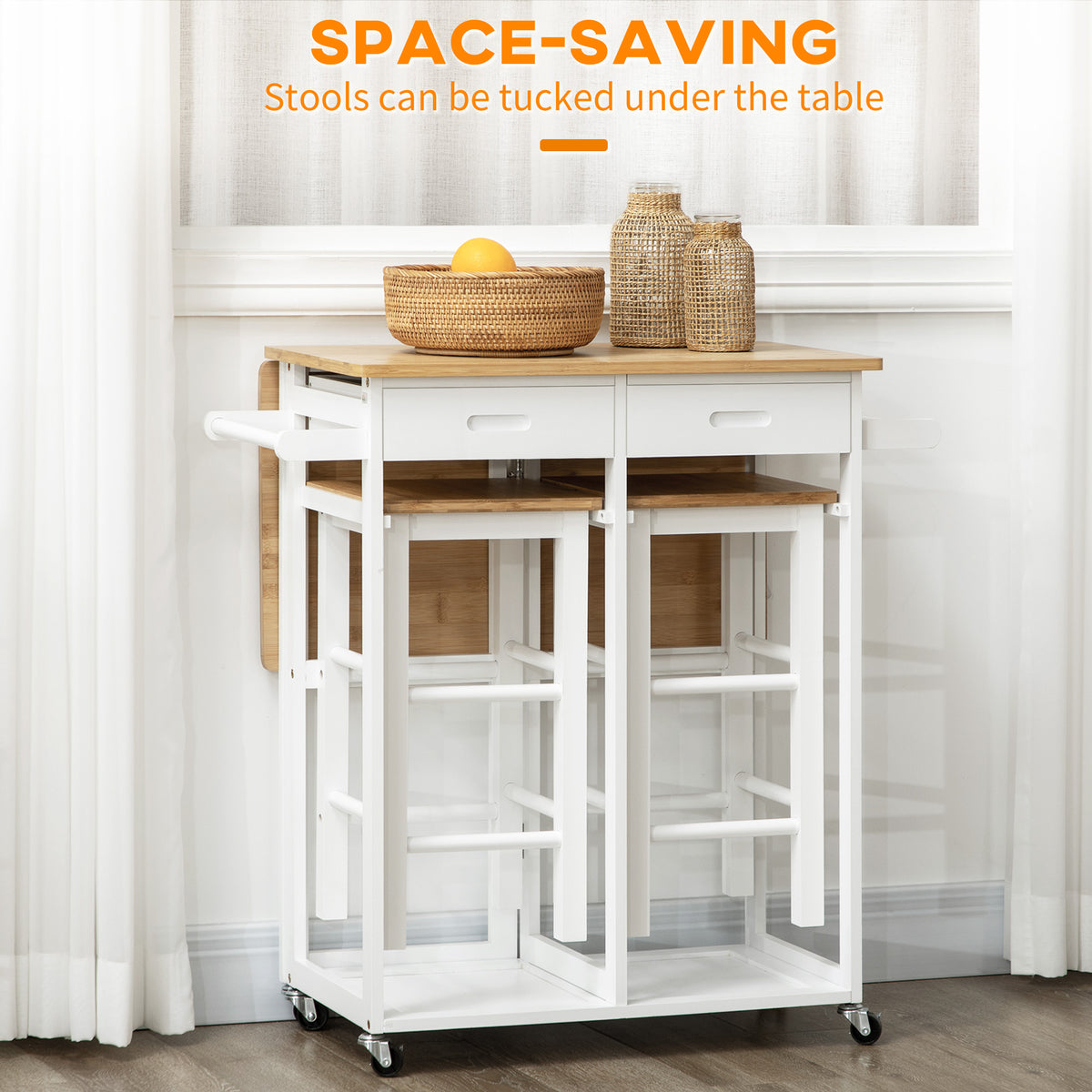 Kitchen Island Set with 2 Bamboo Stools, Drop Leaf Cart with Drawers & Towel Rack - White