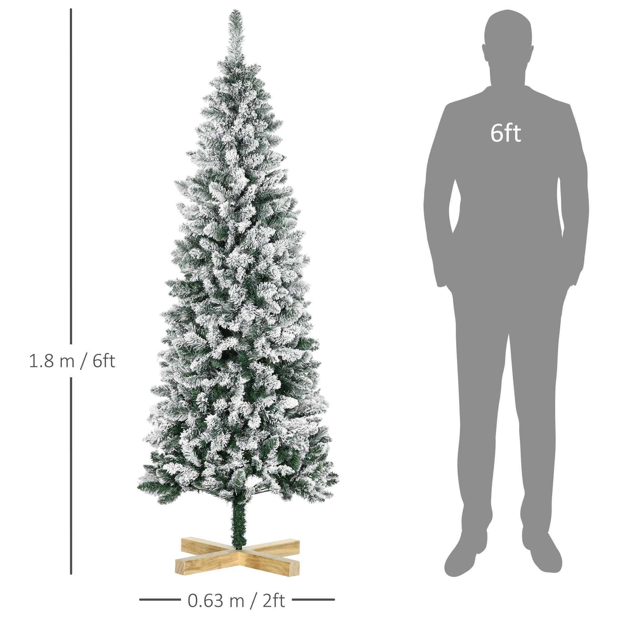 6 Foot Snow Flocked Artificial Christmas Tree, Xmas Pencil Tree with 630 Realistic Branches, Auto Open, Pinewood Base, Green