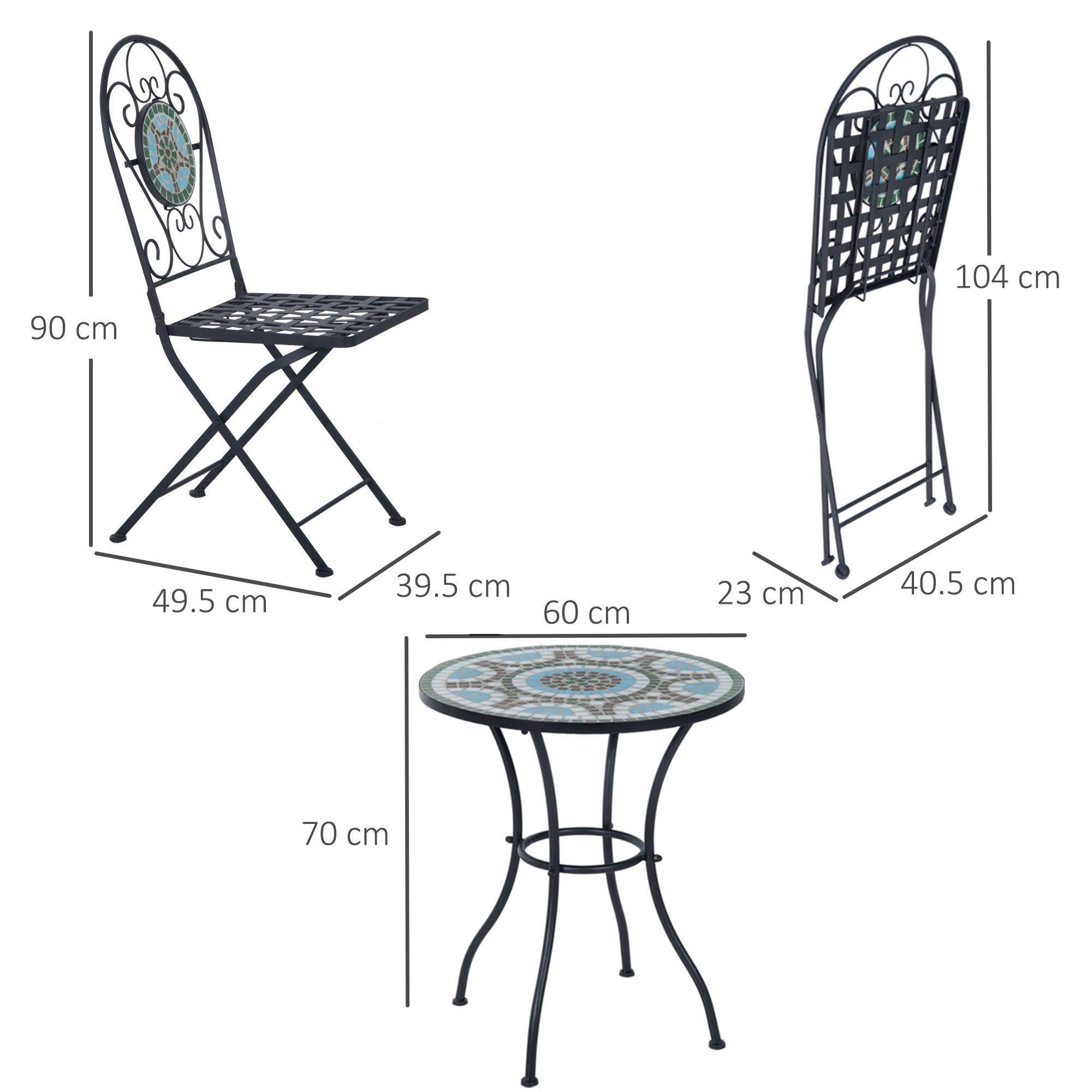 3pc Bistro Set Metal Dining Set Mosaic Garden Table 2 Seater Folding Chairs Patio Furniture Outdoor