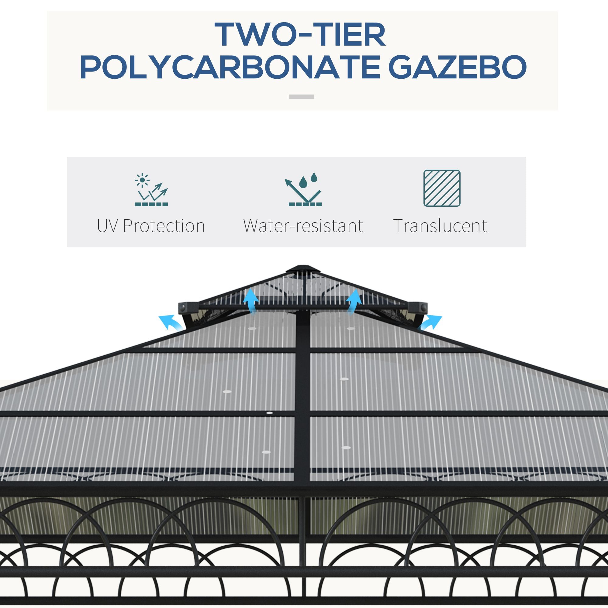 3 x 3 (m) Outdoor Polycarbonate Gazebo, Double Roof Hard Top Gazebo with Galvanized Steel Frame, Nettings & Curtains