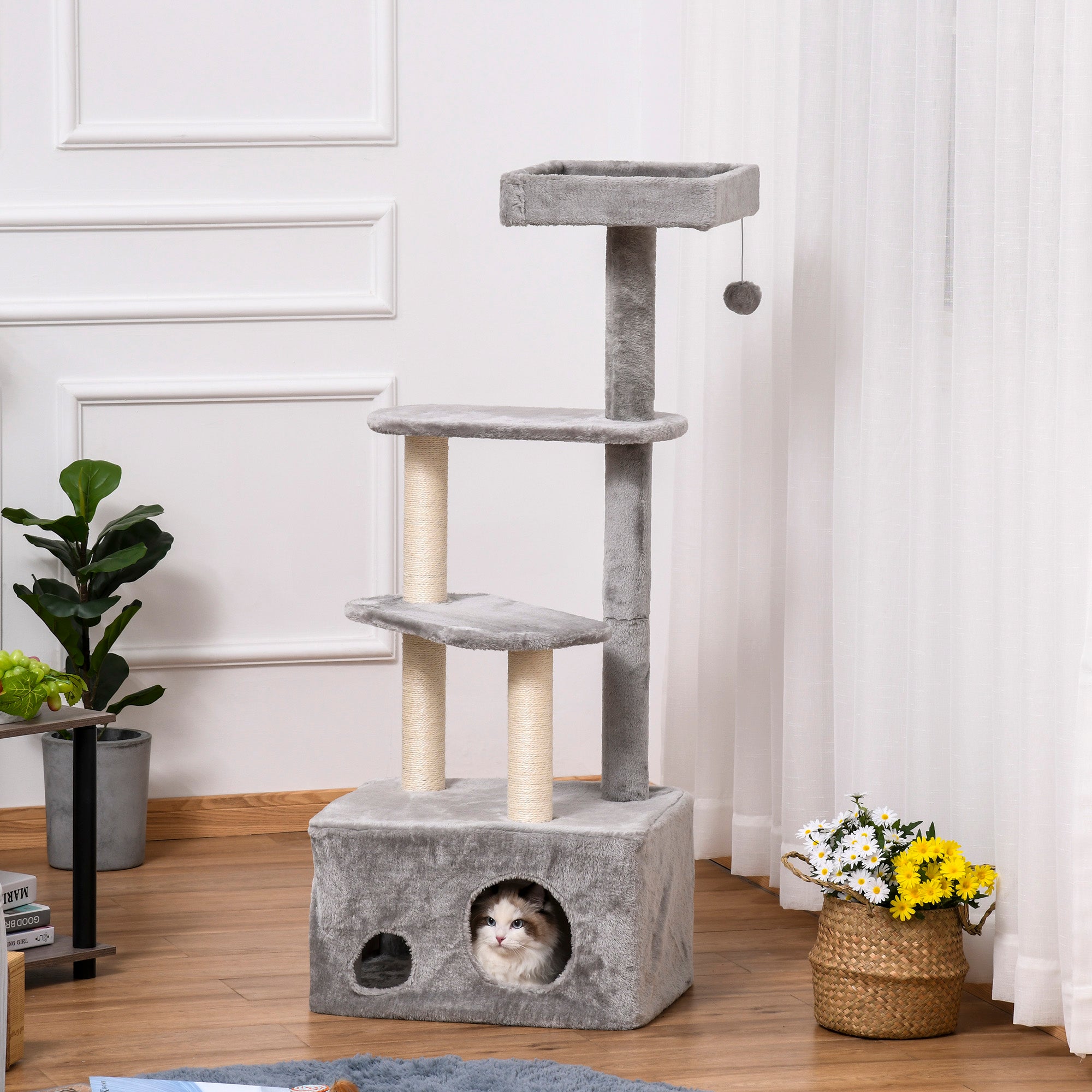 Cat Tree Kitten Tower 4-level Activity Centre Pet Furniture with Sisal Scratching Post Condo Plush Perches Hanging Ball Toys Grey