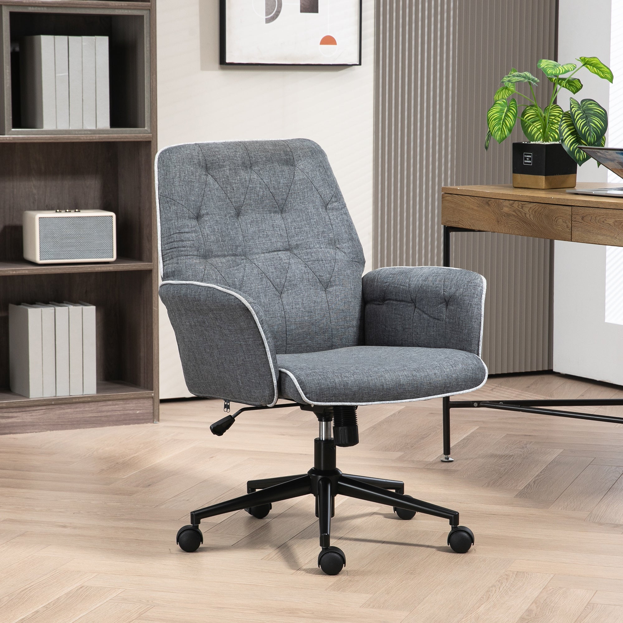 Linen Computer Chair with Armrest, Modern Swivel Chair with Adjustable Height, Dark Grey