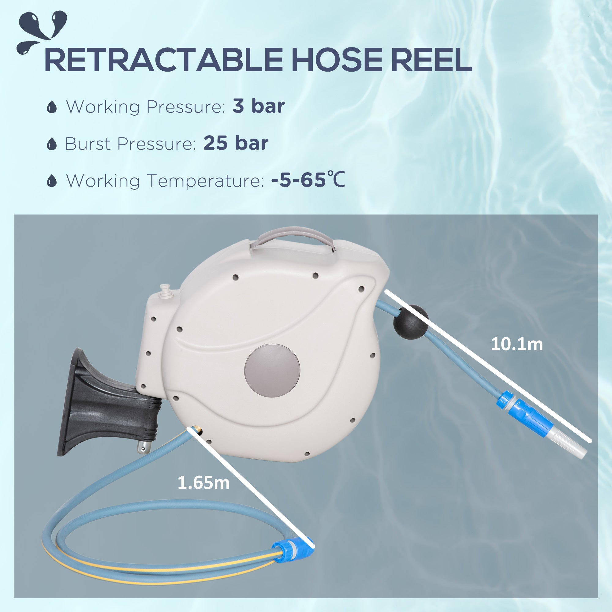 Retractable Hose Reel w/ Any Length Lock, Auto Rewind Slow Return System, and 180° Swivel Wall Mounted Bracket, 10m+1.6m