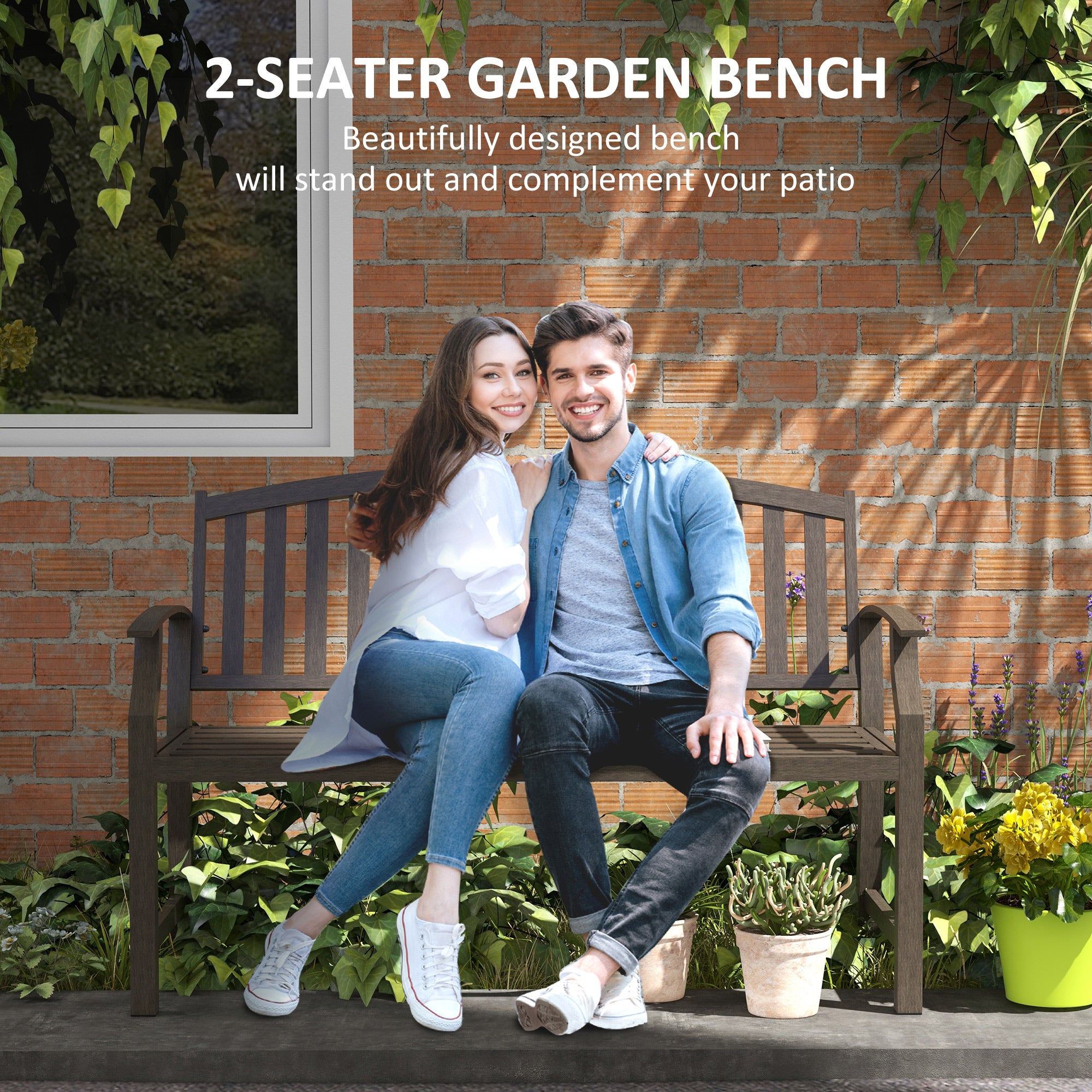 2 Seater Metal Garden Bench with Slatted Seat and Curved Armrests - Brown