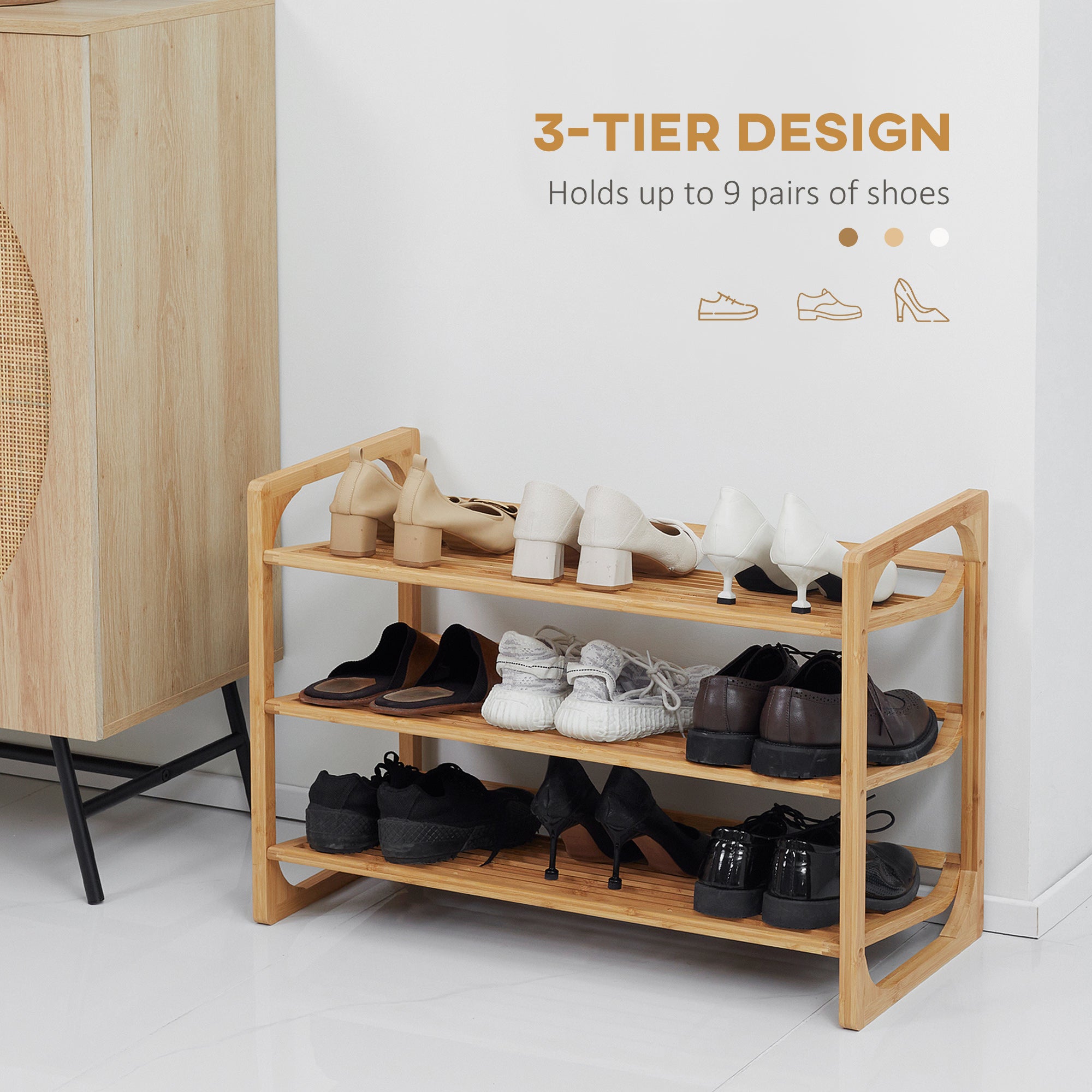 3-Tier Shoe Rack, Bamboo Shoe Storage Organizer with Slatted Shelves, Free Standing Shoe Shelf Stand for 9 Pairs of Shoes for Entryway Natural