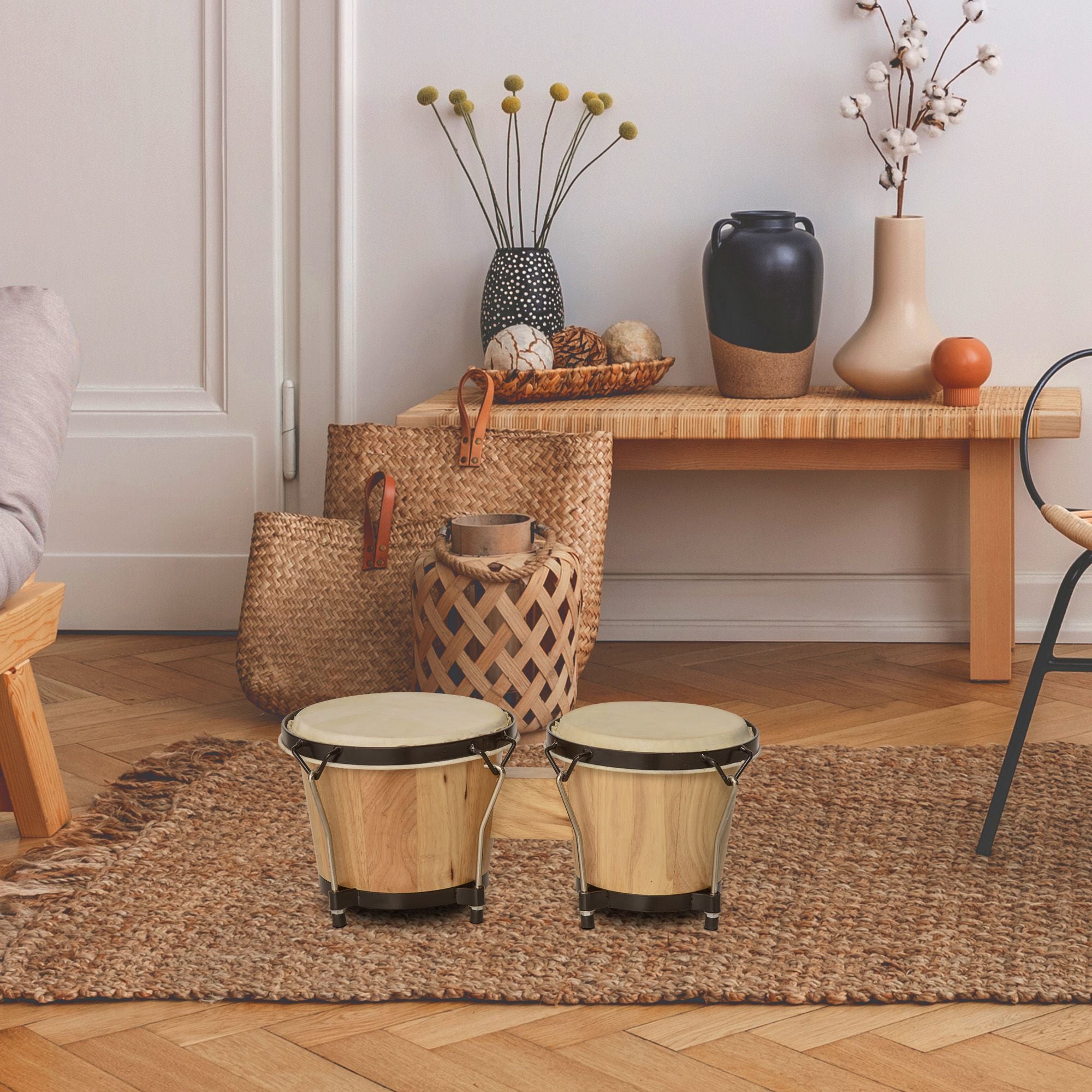 Wooden Bongo Drum Set w/ Sheepskin Drum Head, Percussion Instrument, 7.75" & 7" Drums, for Kids Adults, w/ Tuning Wrench