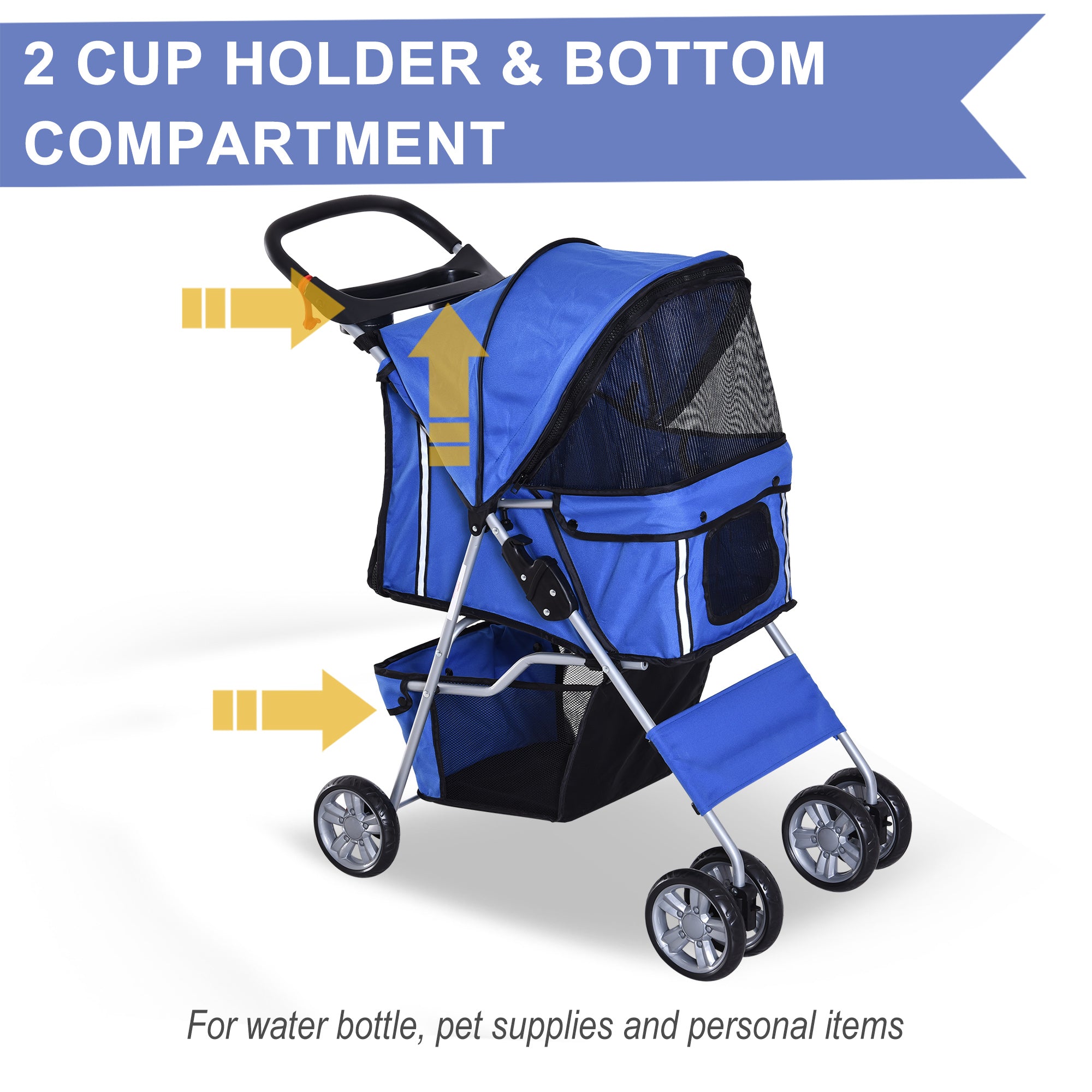 Dog Pushchair for Small Miniature Dogs Cats Foldable Travel Carriage with Wheels Zipper Entry Cup Holder Storage Basket Blue