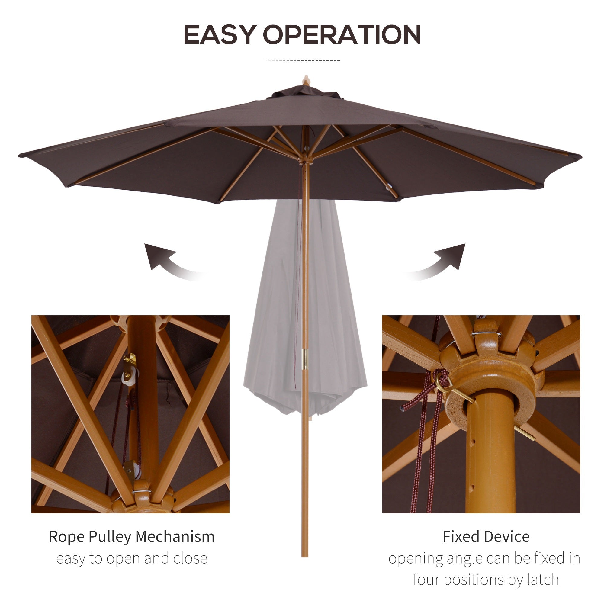 ⌀3m Bamboo Wooden Market Patio Umbrella Garden Parasol Outdoor Sunshade Canopy, 8-ribs,Coffee