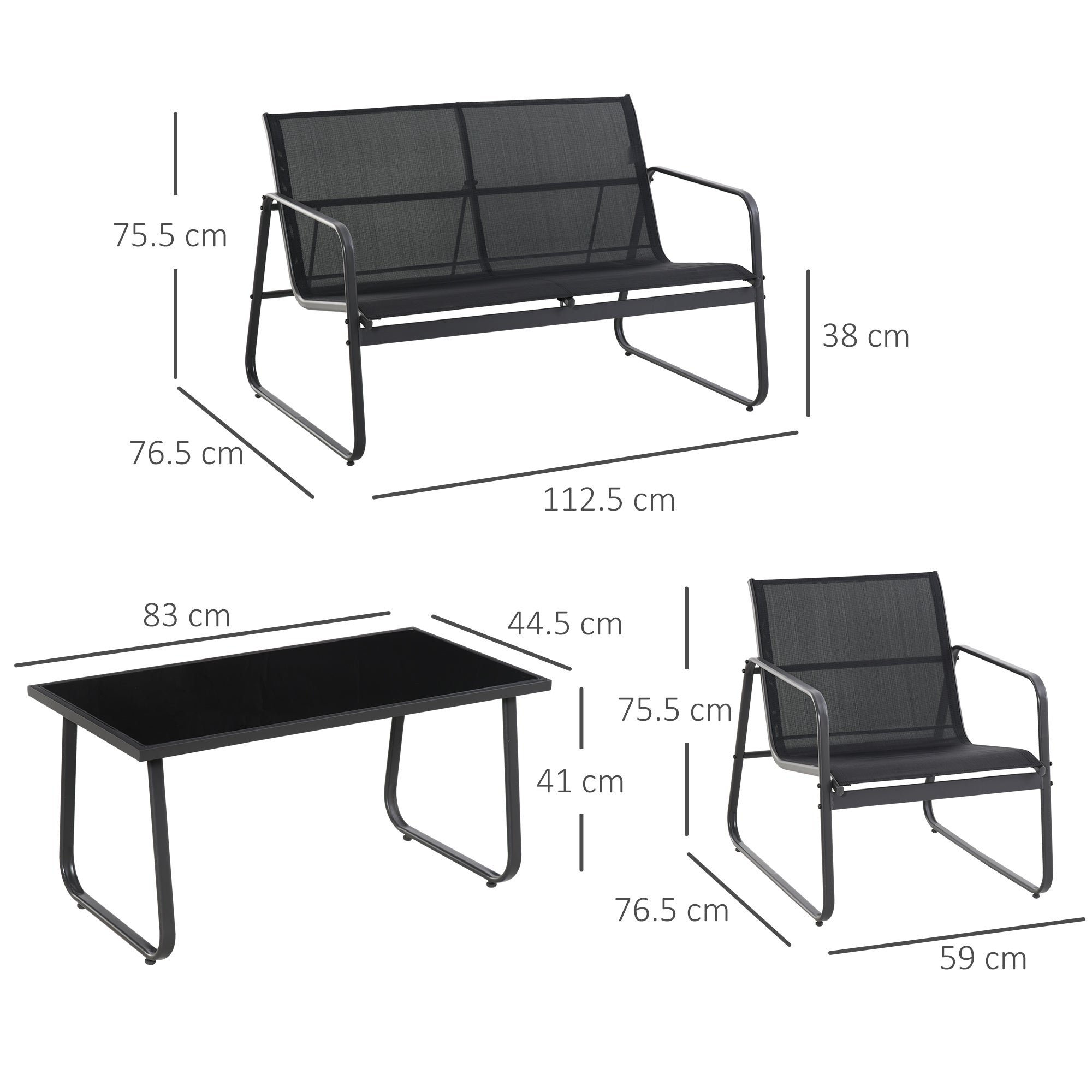 4 Piece Outdoor Garden Furniture Set with Double and Single Chairs & Glass Top Table - Black