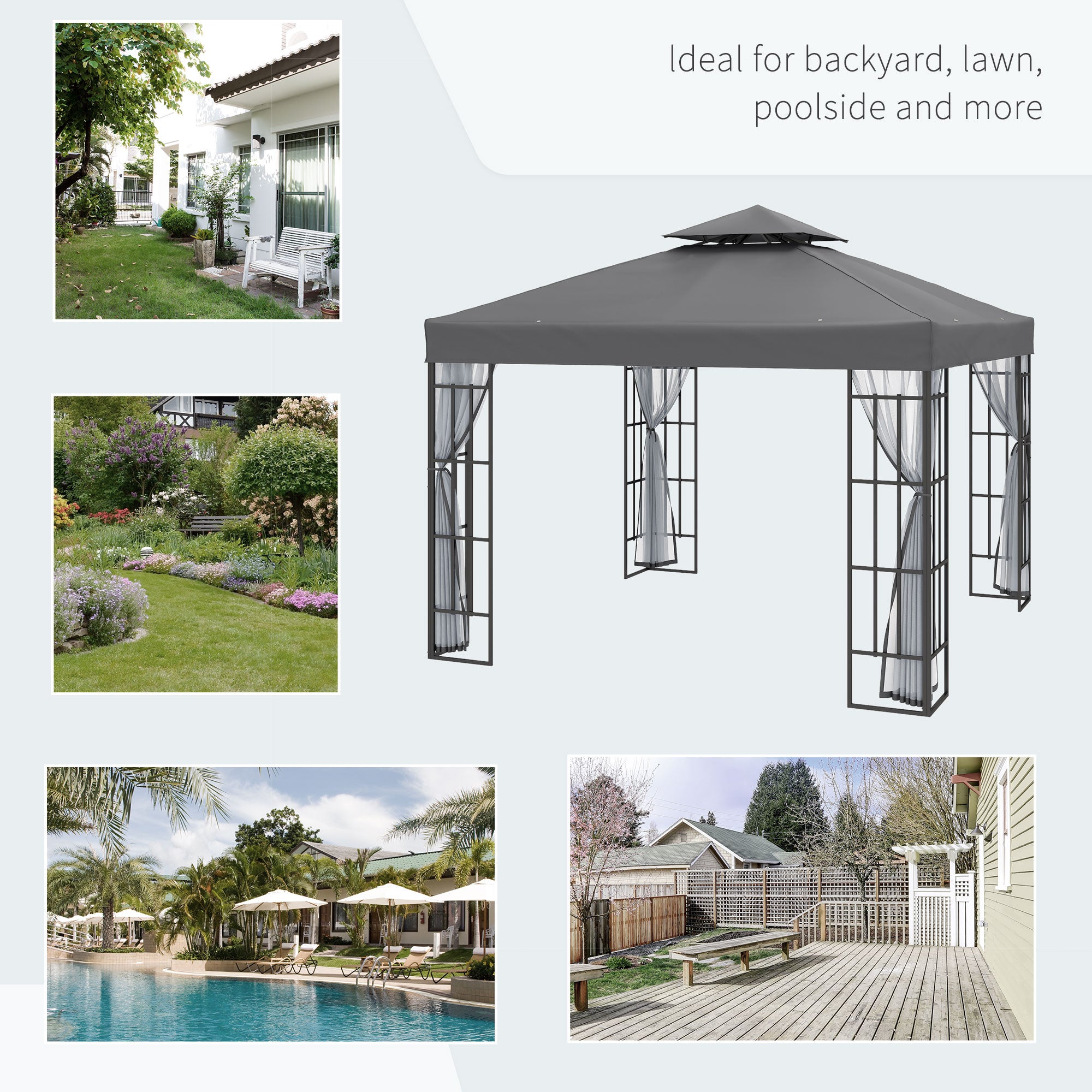 3 Metre Patio Gazebo with Mosquito Netting and Steel Frame - Grey