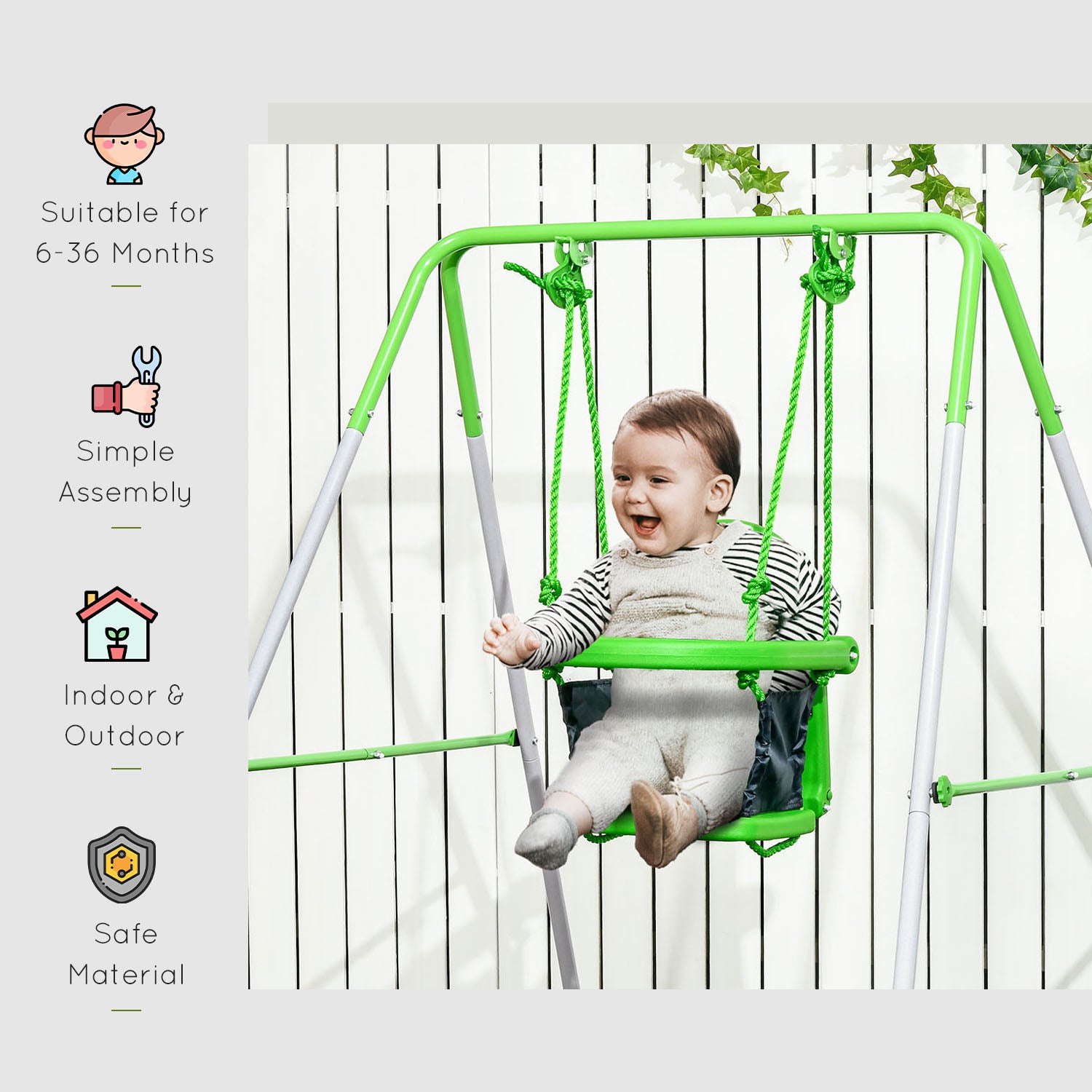 Steel Nursery Swing with Safety Seat Belt and Support Back - Green
