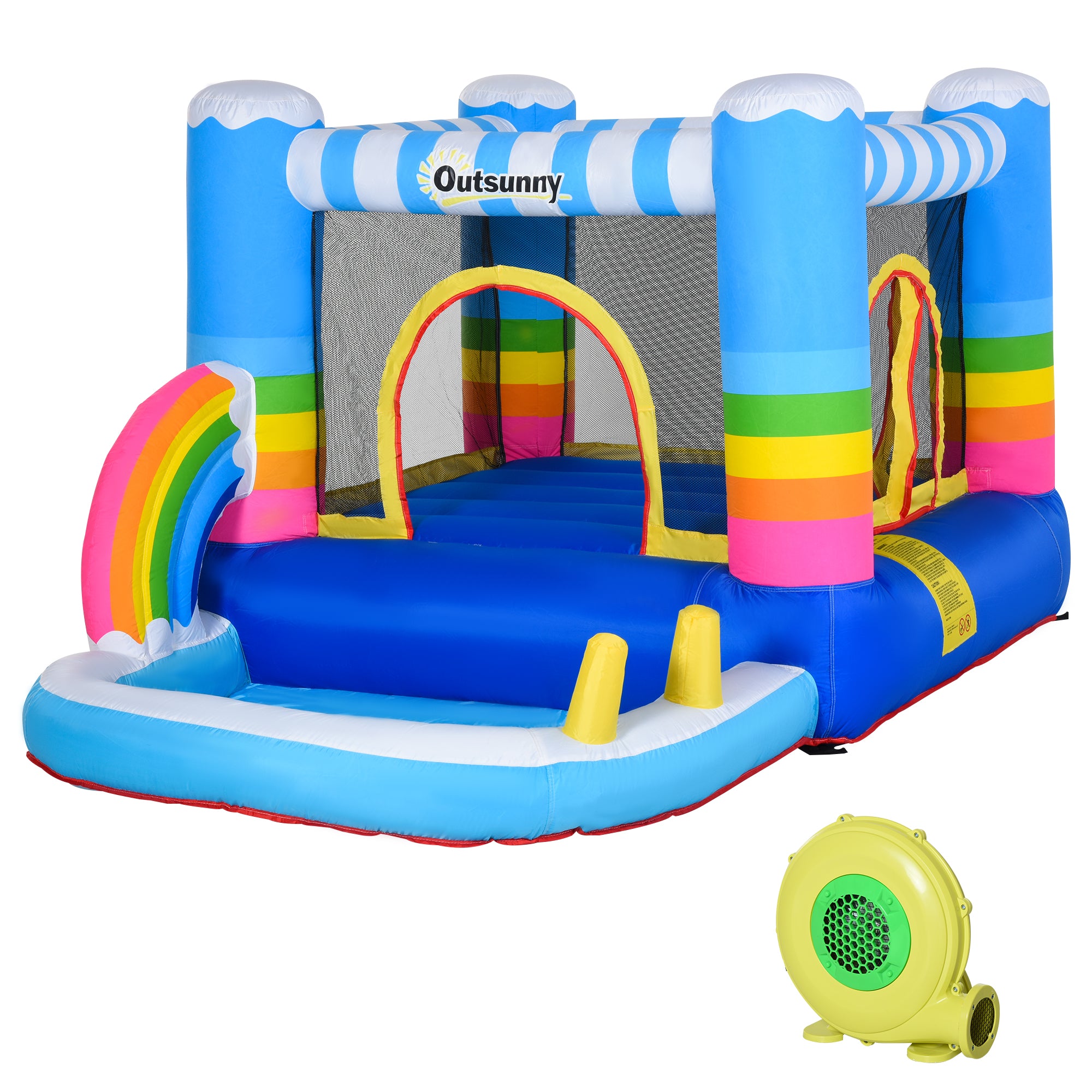 Kids Bouncy Castle House Inflatable Trampoline Water Pool 2 in 1 with Blower for Kids Age 3-12 Rainbow Design 2.9 x 2 x 1.55m