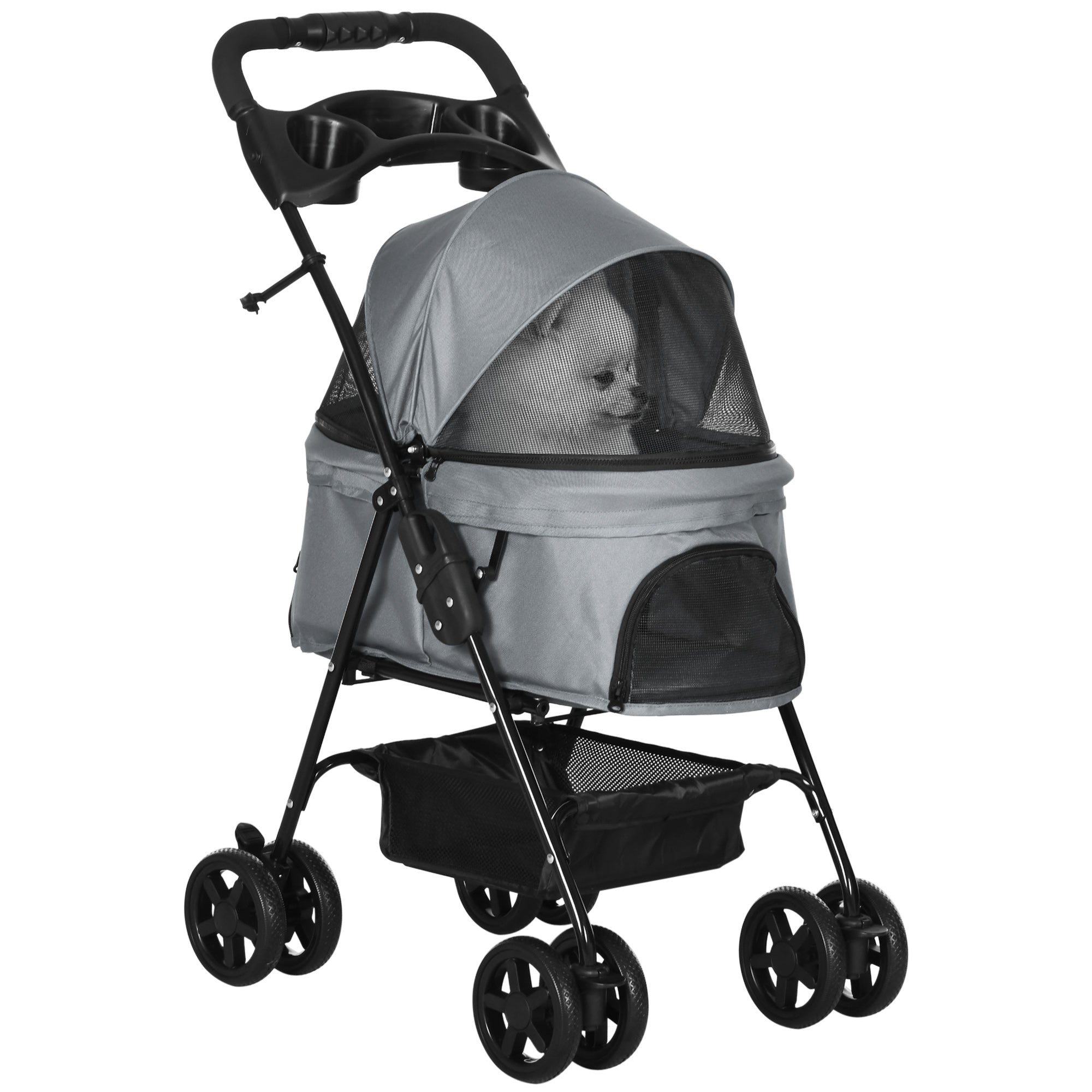 No-Zip Pet Stroller Dog Cat Travel Pushchair One-Click Fold Trolley Jogger with EVA Wheels Brake Basket Adjustable Canopy Safety Leash Grey