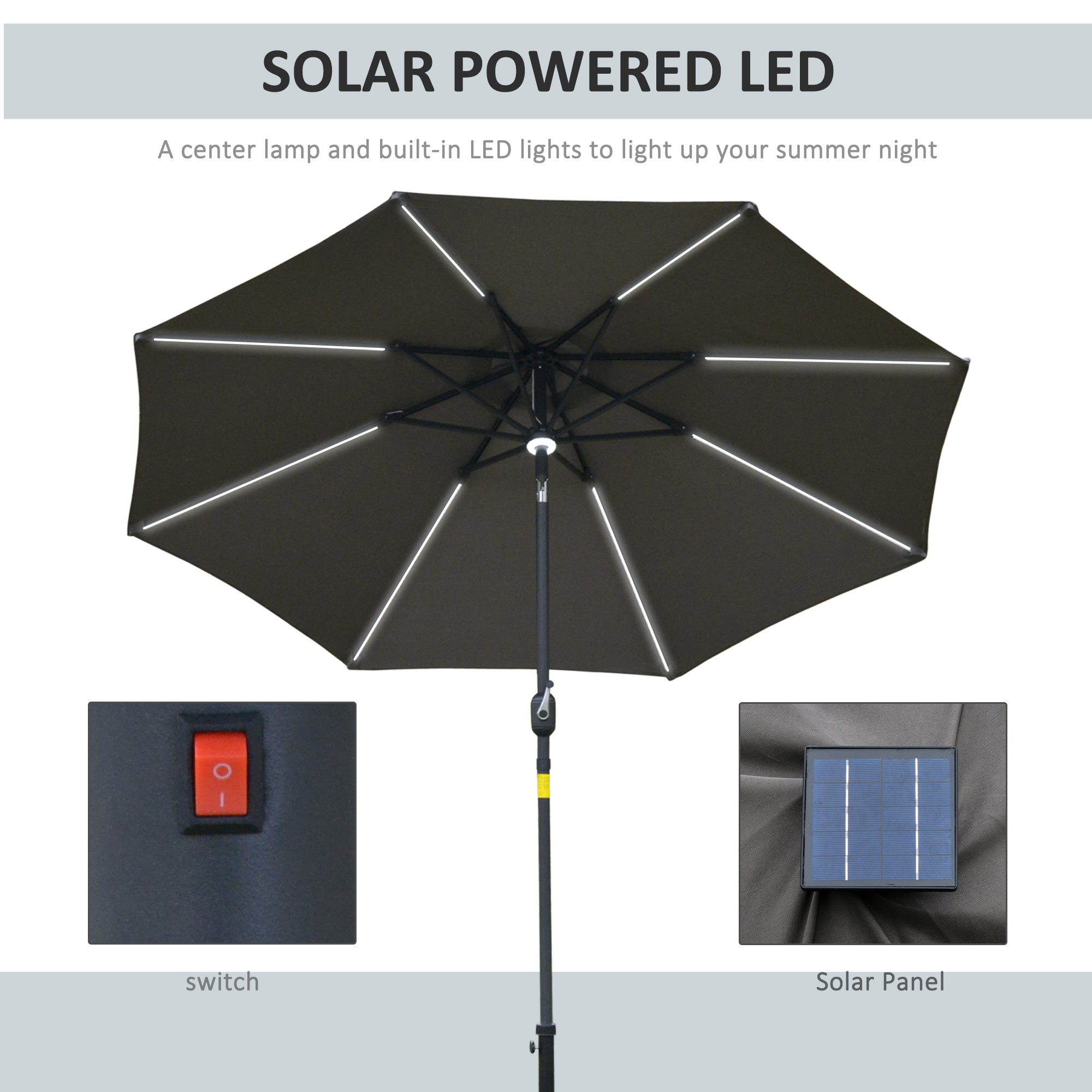 2.7m Garden Parasol with Solar LED Lights and Tilt Grey