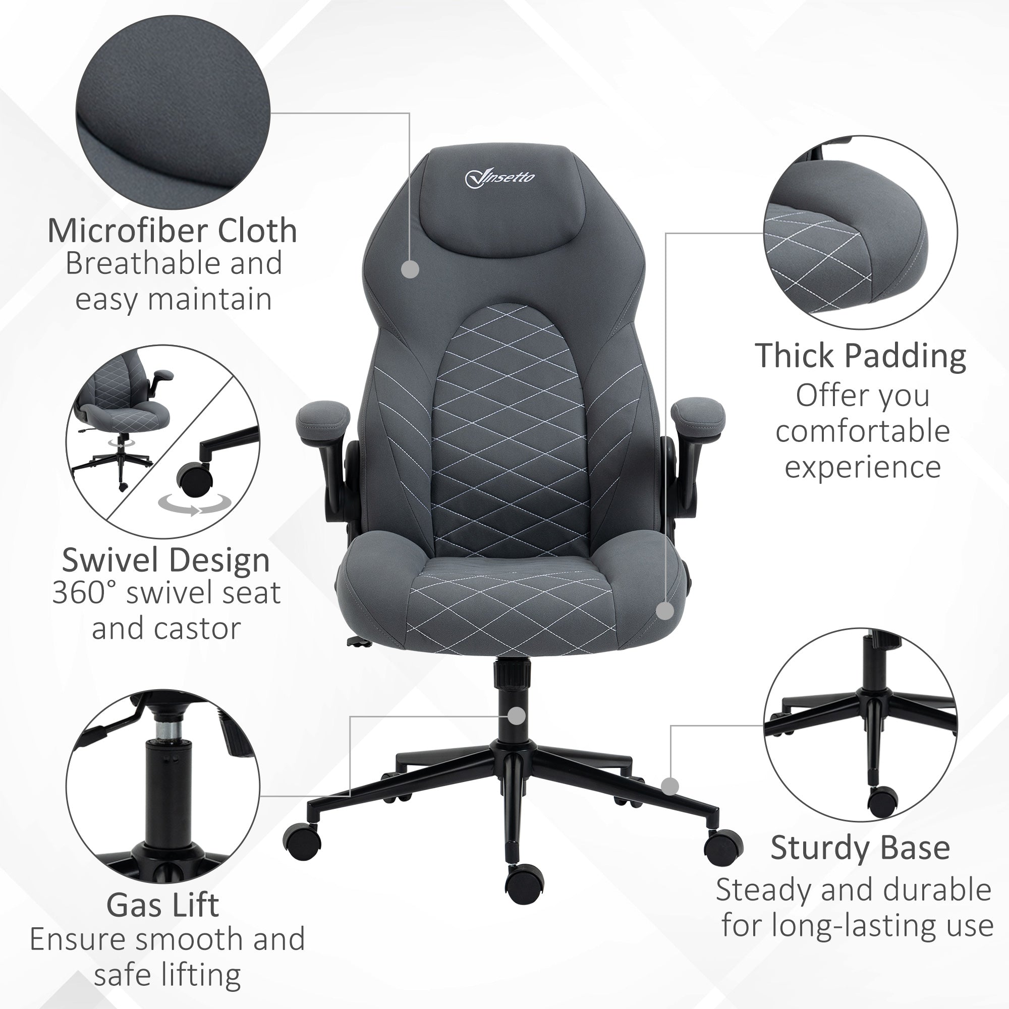 Home Office Desk Chair, Computer Chair with Flip Up Armrests, Swivel Seat and Tilt Function, Dark Grey