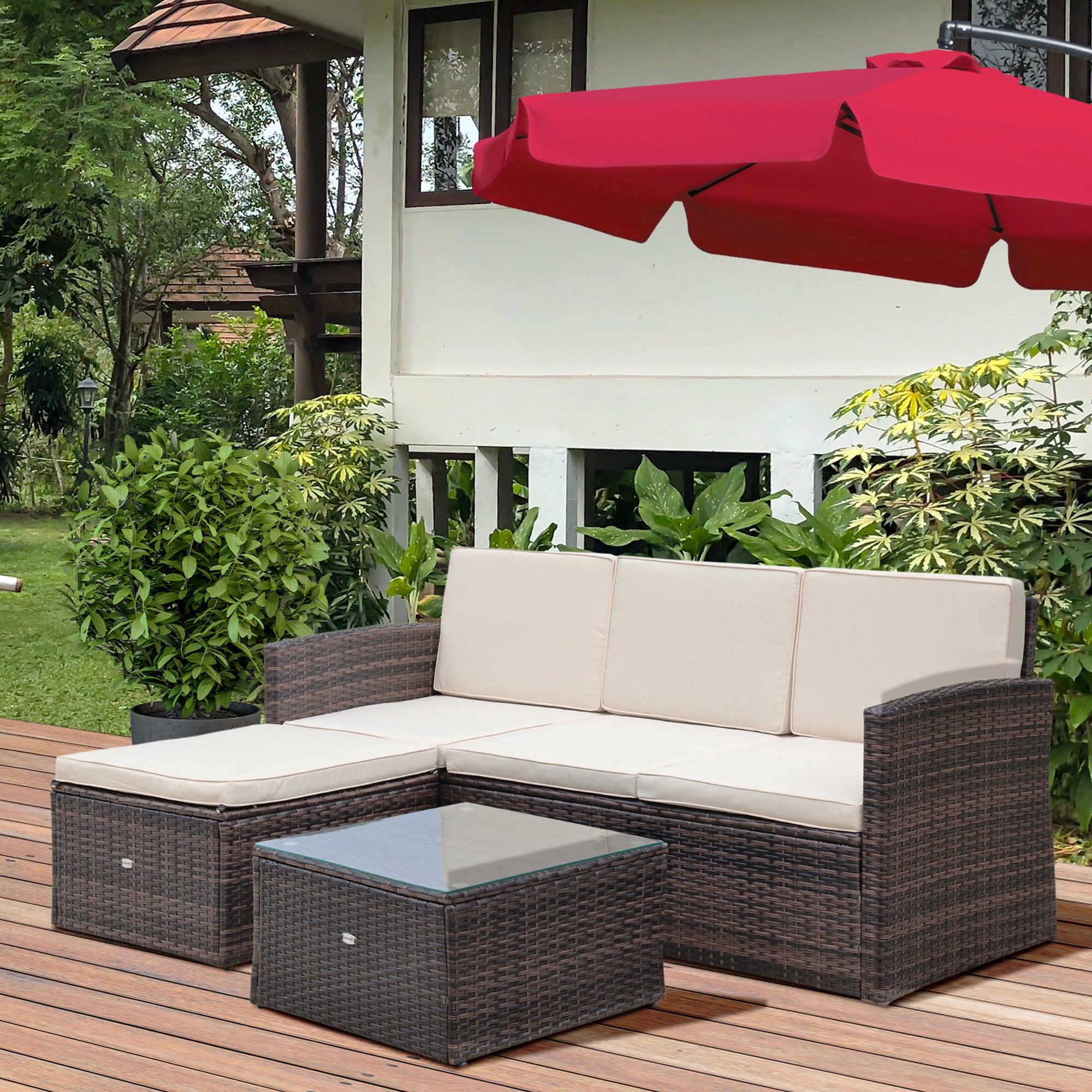 4-Seater Rattan Garden Furniture Outdoor Patio Corner Sofa and Coffee Table Set Footstool w/ Thick Cushions, Brown